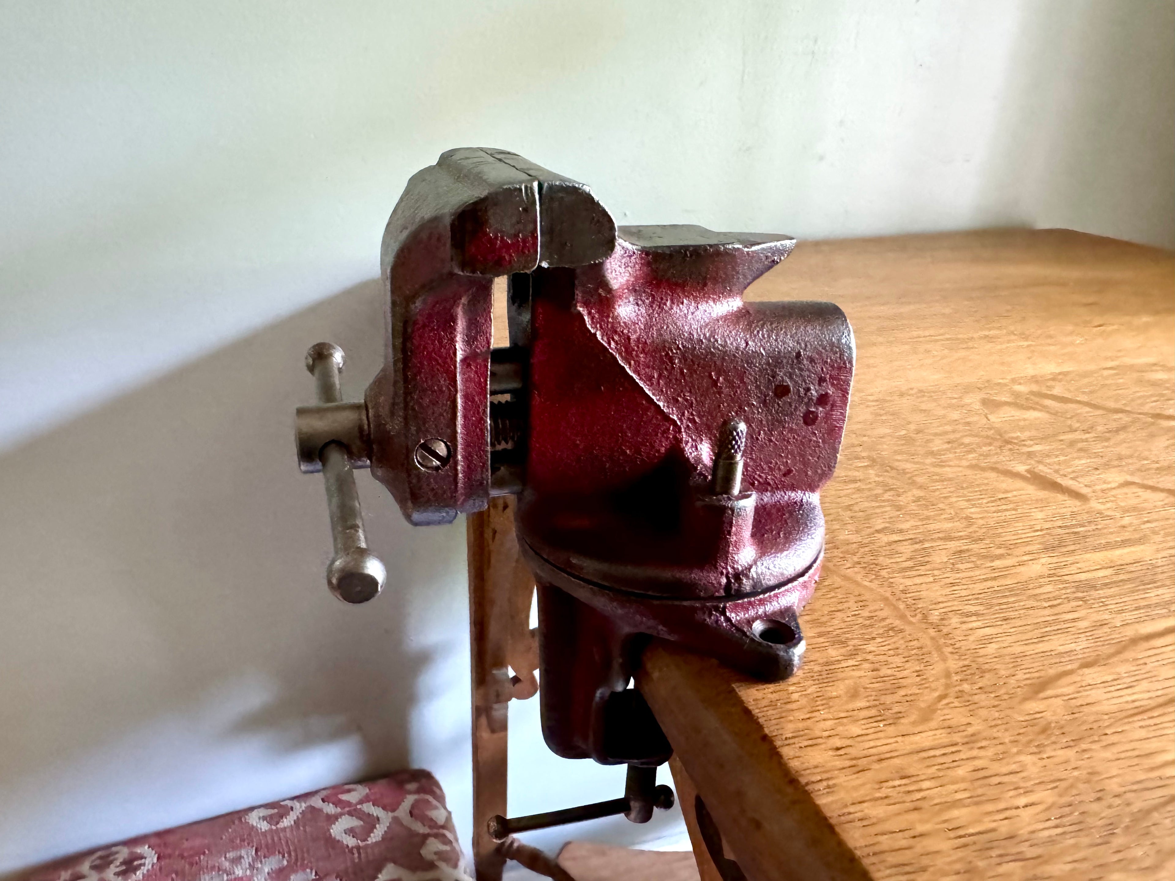 Vintage Red Jeweler's Vise and Anvil | Small Clamp-on Swivel Vise | 2 1/2" Jaw Red Jeweler's Vise | Workbench Clamp-on Vise