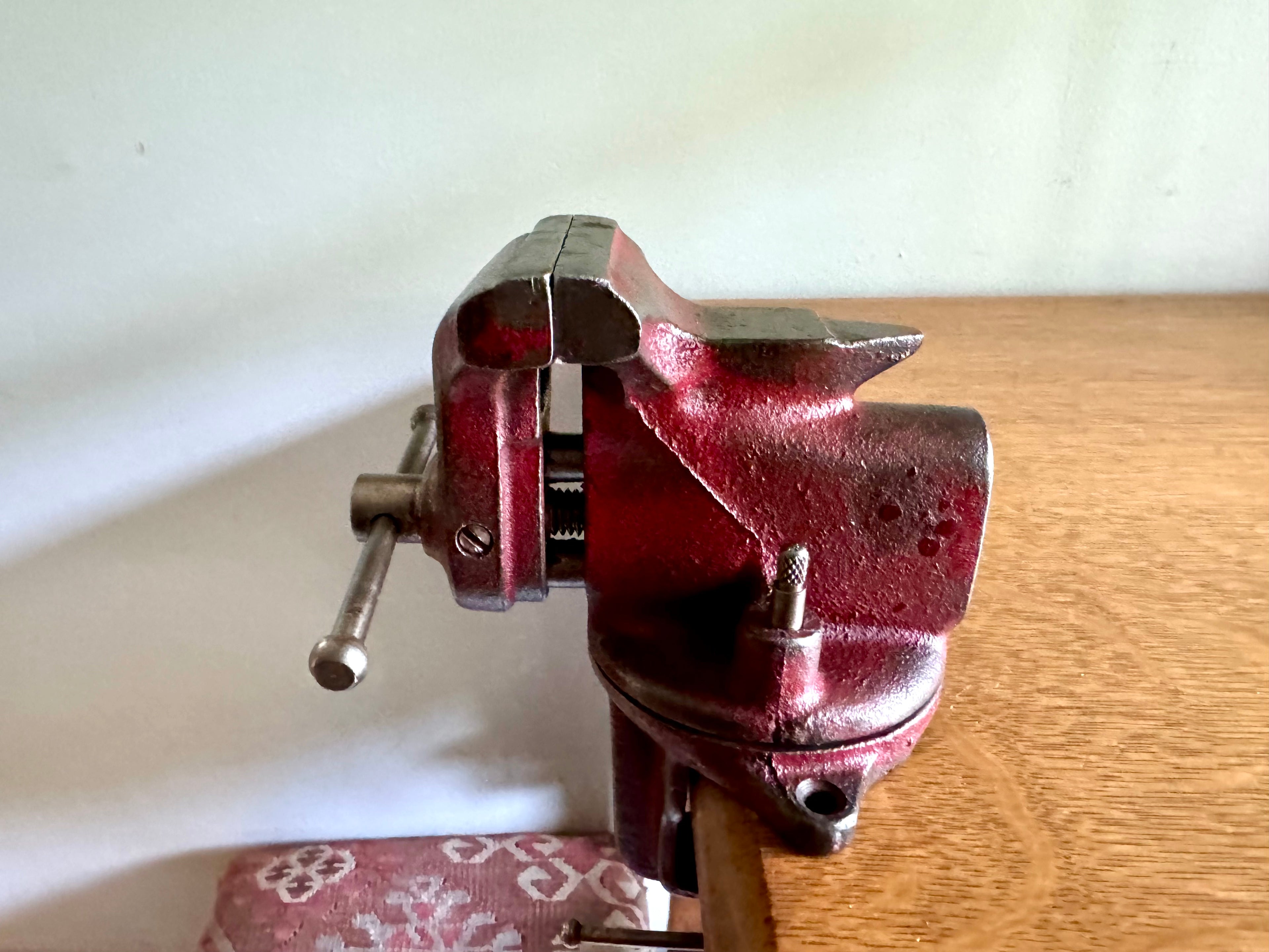 Vintage Red Jeweler's Vise and Anvil | Small Clamp-on Swivel Vise | 2 1/2" Jaw Red Jeweler's Vise | Workbench Clamp-on Vise