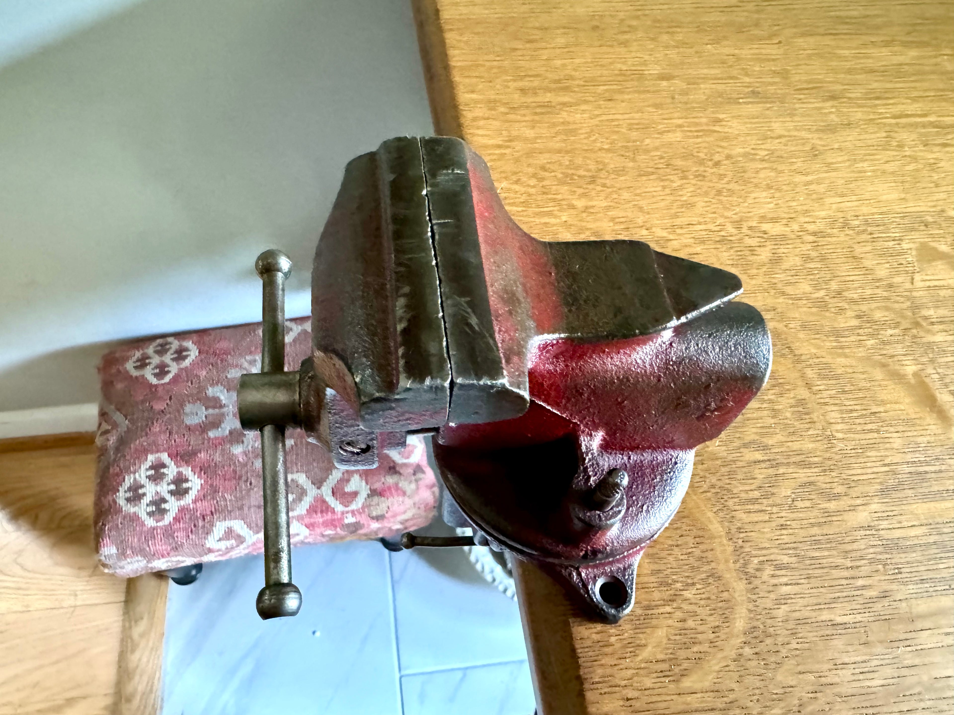 Vintage Red Jeweler's Vise and Anvil | Small Clamp-on Swivel Vise | 2 1/2" Jaw Red Jeweler's Vise | Workbench Clamp-on Vise