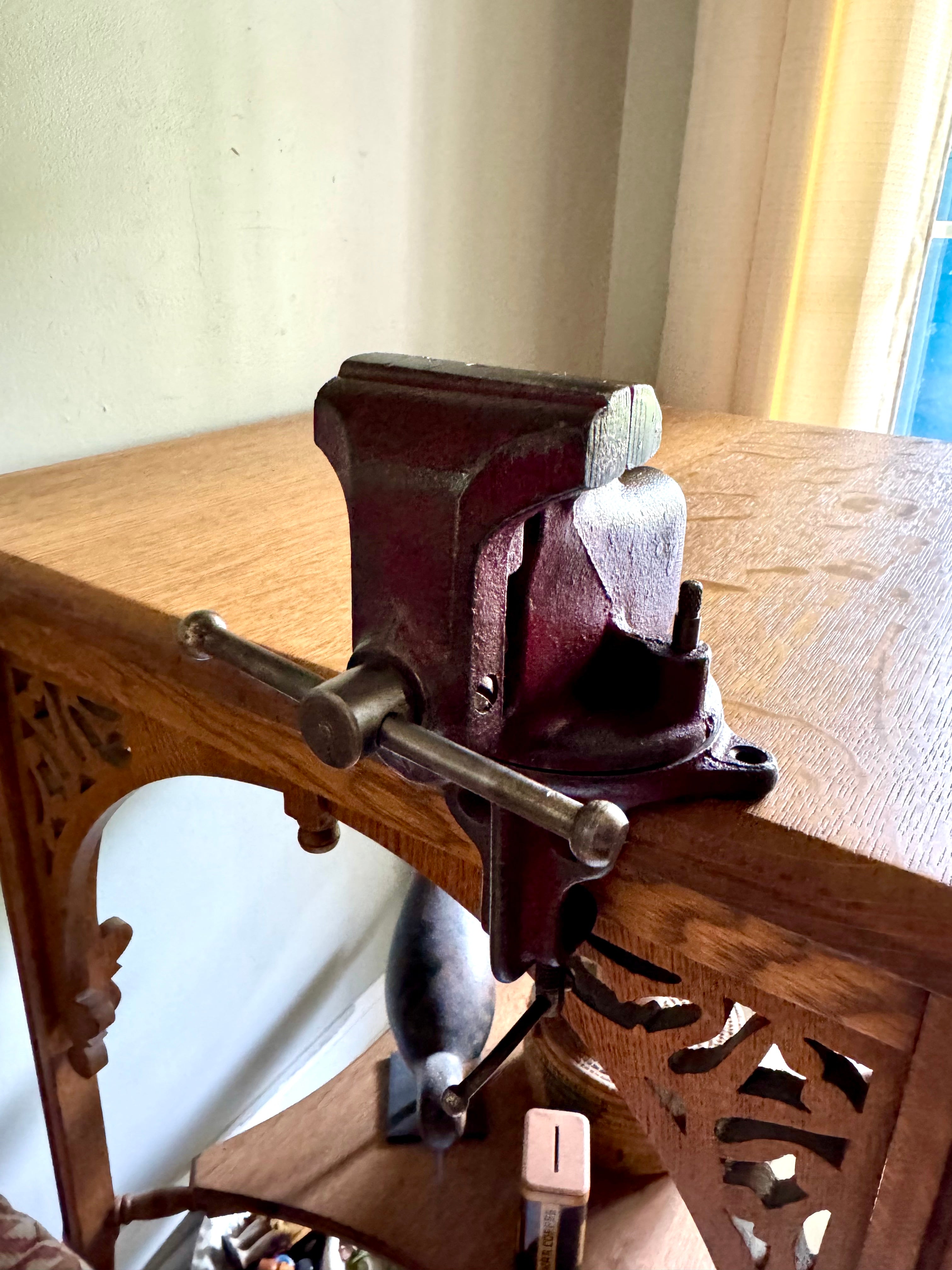 Vintage Red Jeweler's Vise and Anvil | Small Clamp-on Swivel Vise | 2 1/2" Jaw Red Jeweler's Vise | Workbench Clamp-on Vise