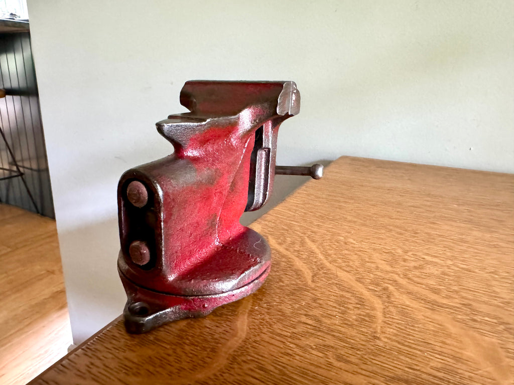 Vintage Red Jeweler's Vise and Anvil | Small Clamp-on Swivel Vise | 2 1/2" Jaw Red Jeweler's Vise | Workbench Clamp-on Vise