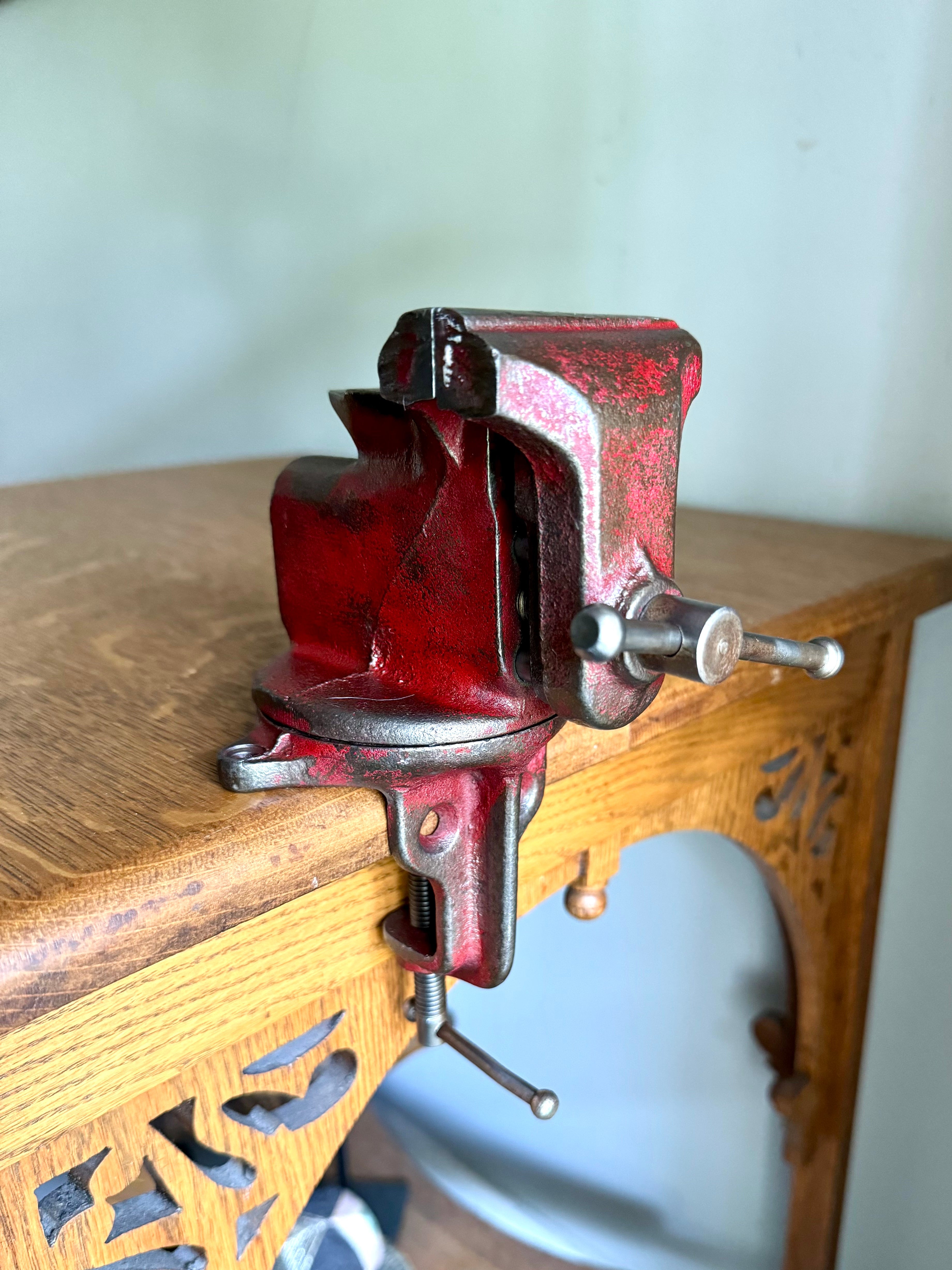 Vintage Red Jeweler's Vise and Anvil | Small Clamp-on Swivel Vise | 2 1/2" Jaw Red Jeweler's Vise | Workbench Clamp-on Vise