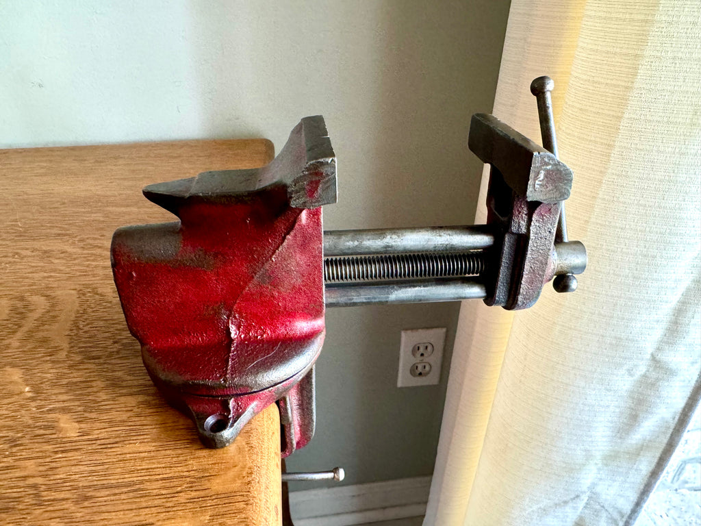 Vintage Red Jeweler's Vise and Anvil | Small Clamp-on Swivel Vise | 2 1/2" Jaw Red Jeweler's Vise | Workbench Clamp-on Vise