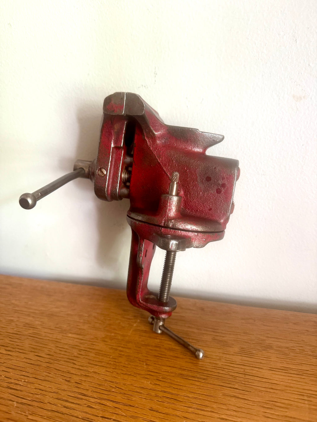 Vintage Red Jeweler's Vise and Anvil | Small Clamp-on Swivel Vise | 2 1/2" Jaw Red Jeweler's Vise | Workbench Clamp-on Vise
