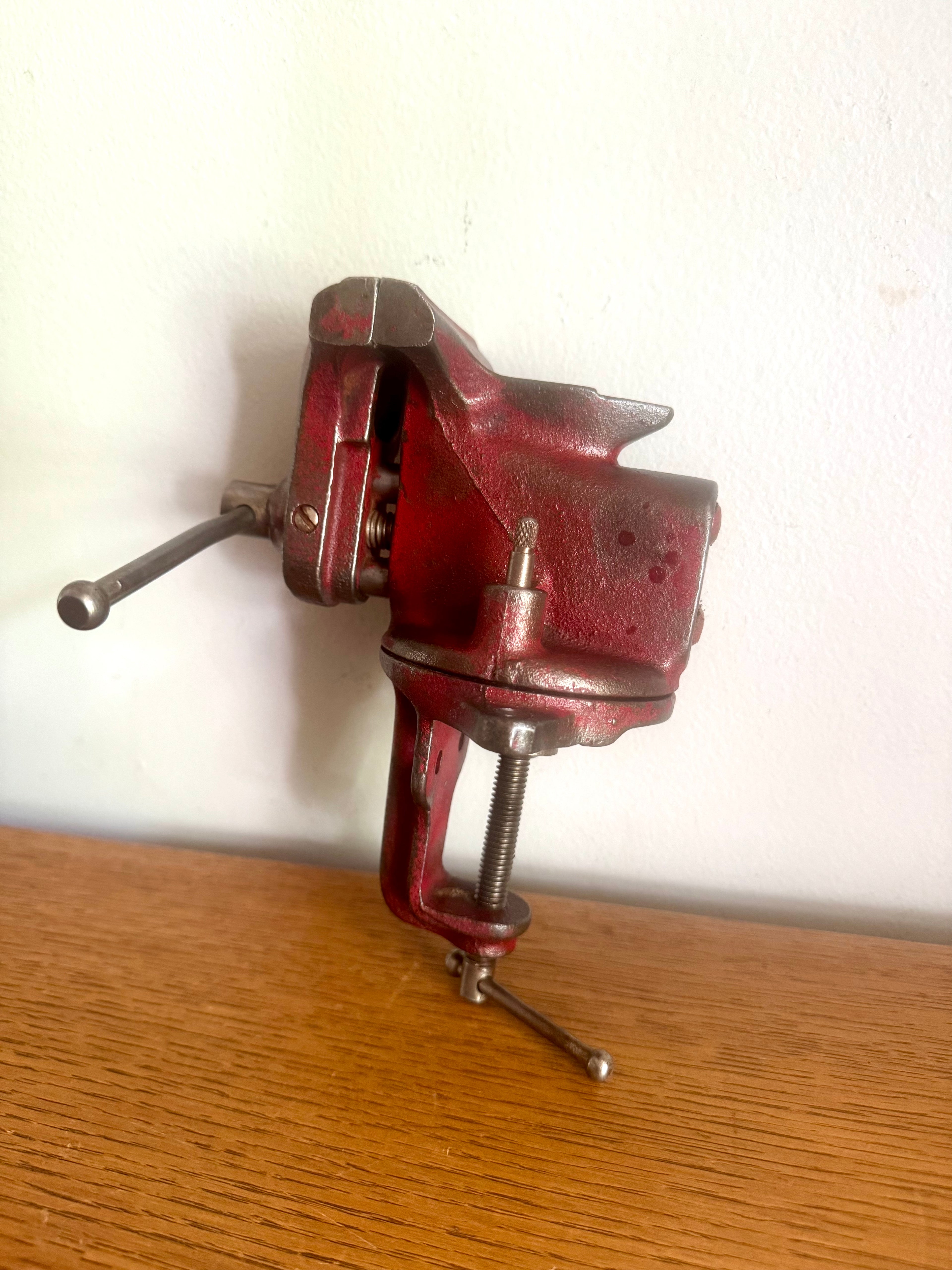 Vintage Red Jeweler's Vise and Anvil | Small Clamp-on Swivel Vise | 2 1/2" Jaw Red Jeweler's Vise | Workbench Clamp-on Vise