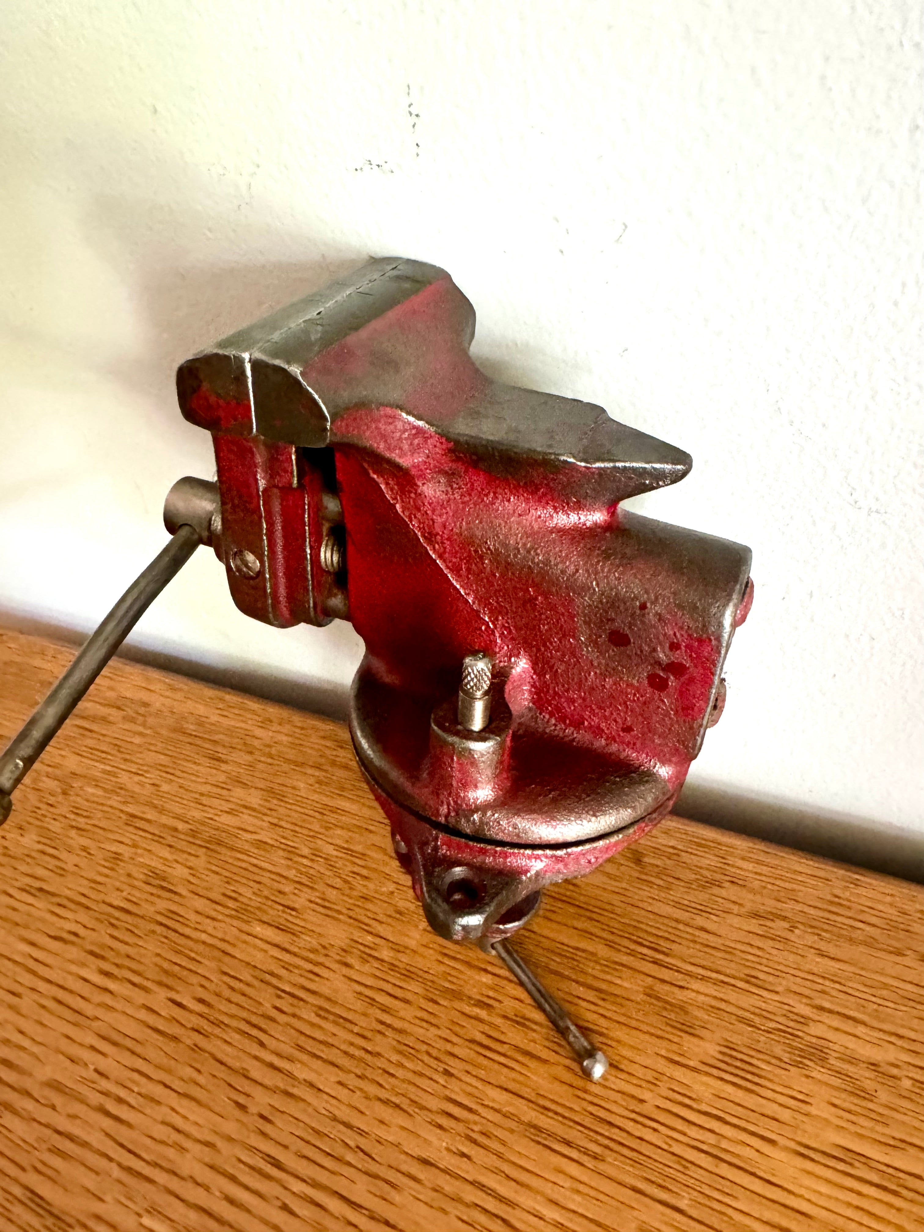 Vintage Red Jeweler's Vise and Anvil | Small Clamp-on Swivel Vise | 2 1/2" Jaw Red Jeweler's Vise | Workbench Clamp-on Vise
