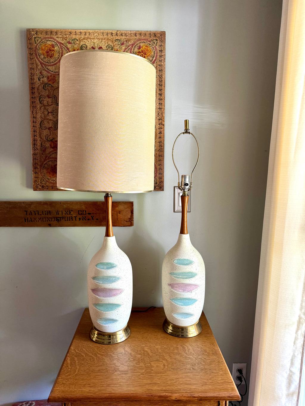 Pair of Mid Century White Ceramic Lamps | Matching MCM Ceramic and Teak Lamps | White Textured Grooved Colorful Ceramic Lamps(Shade Not Inc)