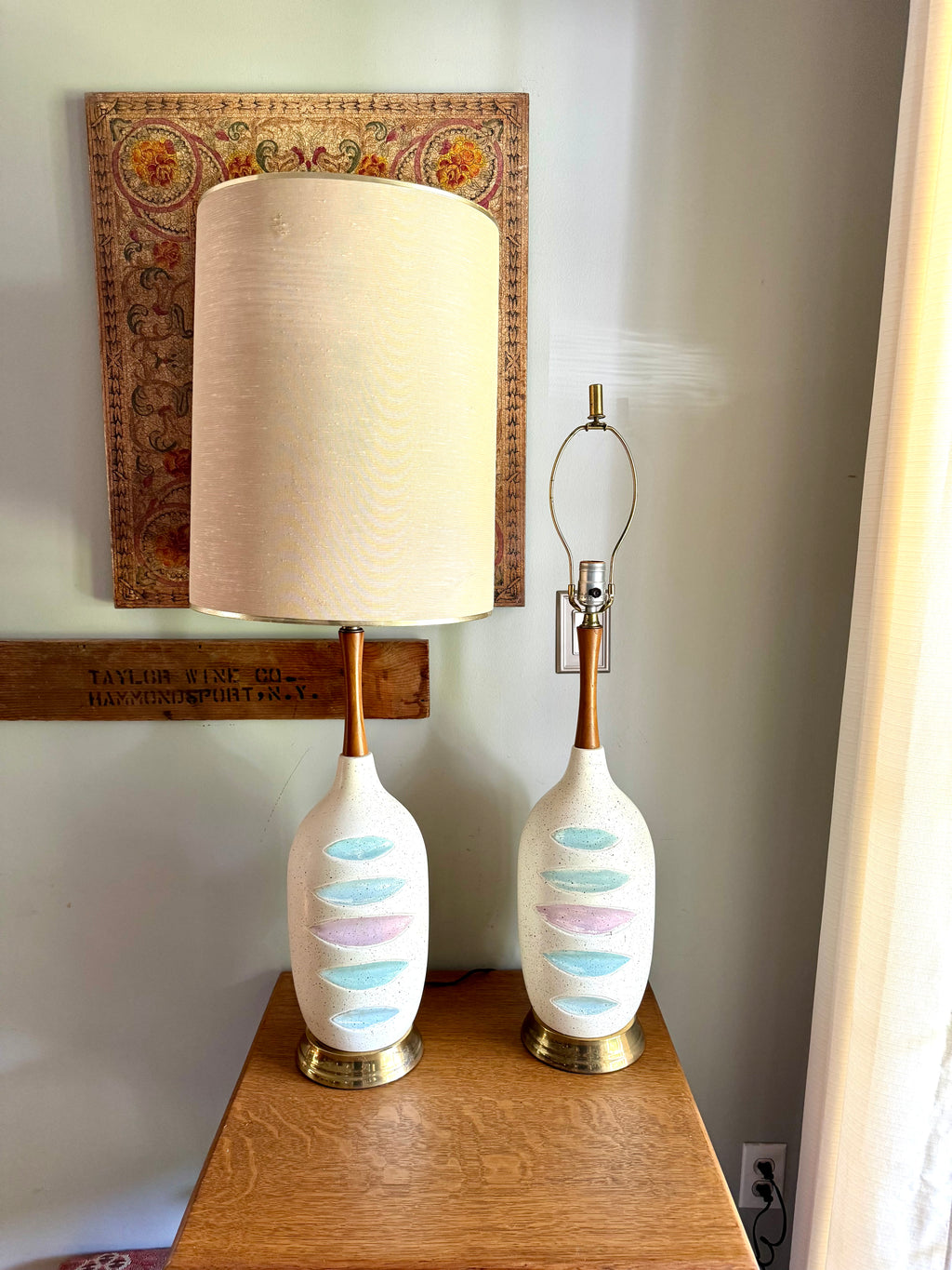 Pair of Mid Century White Ceramic Lamps | Matching MCM Ceramic and Teak Lamps | White Textured Grooved Colorful Ceramic Lamps(Shade Not Inc)