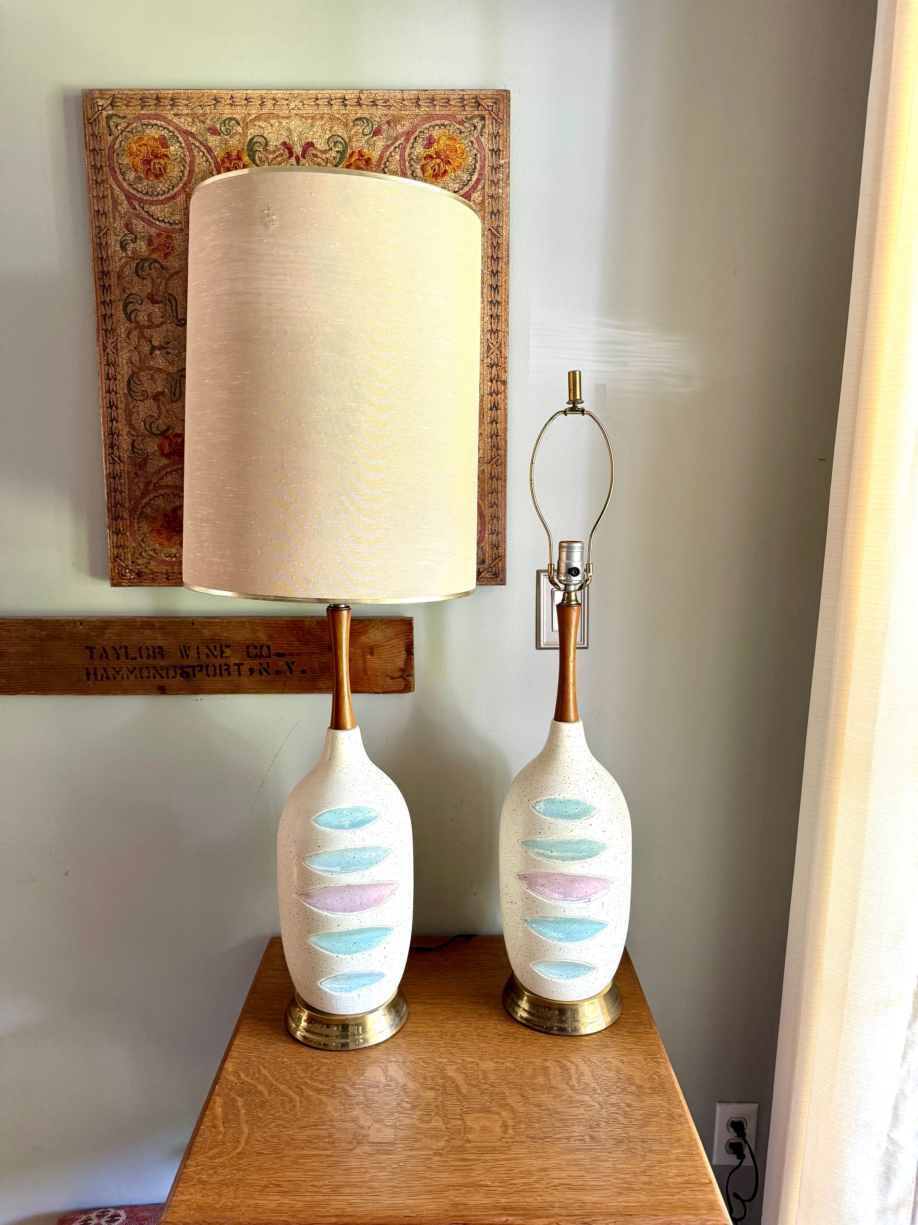 Pair of Mid Century White Ceramic Lamps | Matching MCM Ceramic and Teak Lamps | White Textured Grooved Colorful Ceramic Lamps(Shade Not Inc)