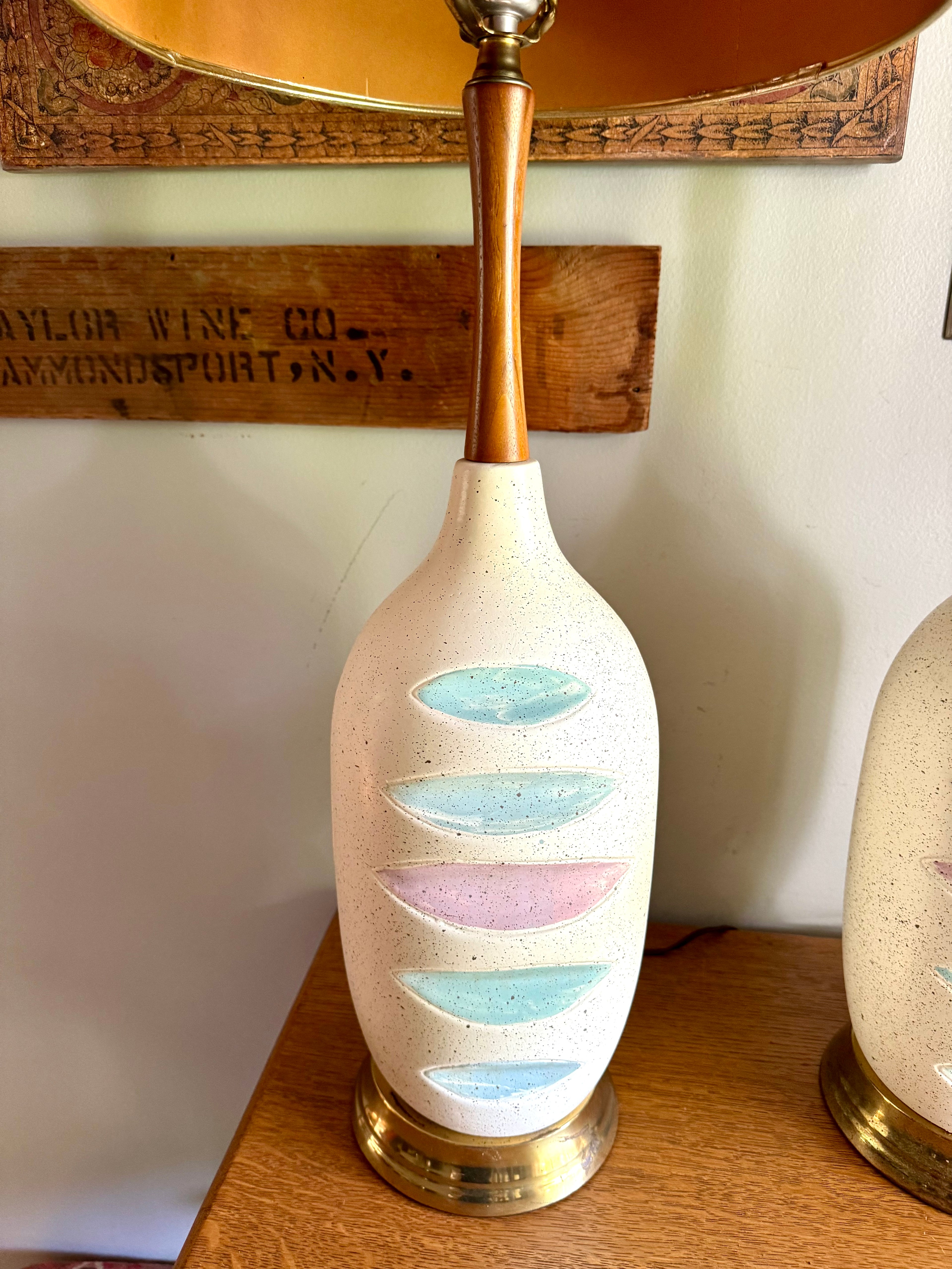 Pair of Mid Century White Ceramic Lamps | Matching MCM Ceramic and Teak Lamps | White Textured Grooved Colorful Ceramic Lamps(Shade Not Inc)