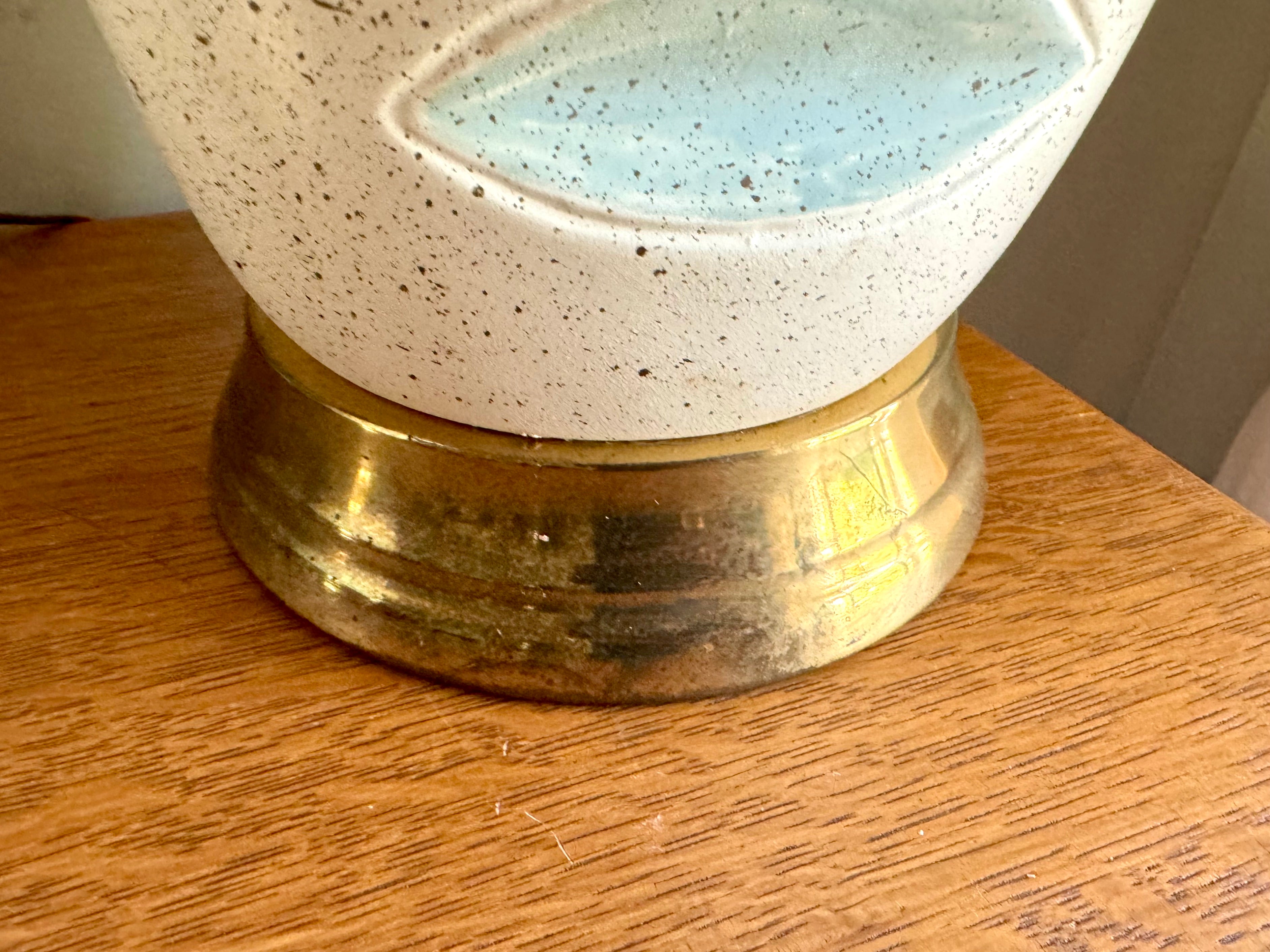 Pair of Mid Century White Ceramic Lamps | Matching MCM Ceramic and Teak Lamps | White Textured Grooved Colorful Ceramic Lamps(Shade Not Inc)