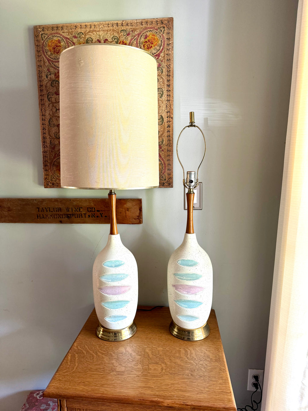 Pair of Mid Century White Ceramic Lamps | Matching MCM Ceramic and Teak Lamps | White Textured Grooved Colorful Ceramic Lamps(Shade Not Inc)