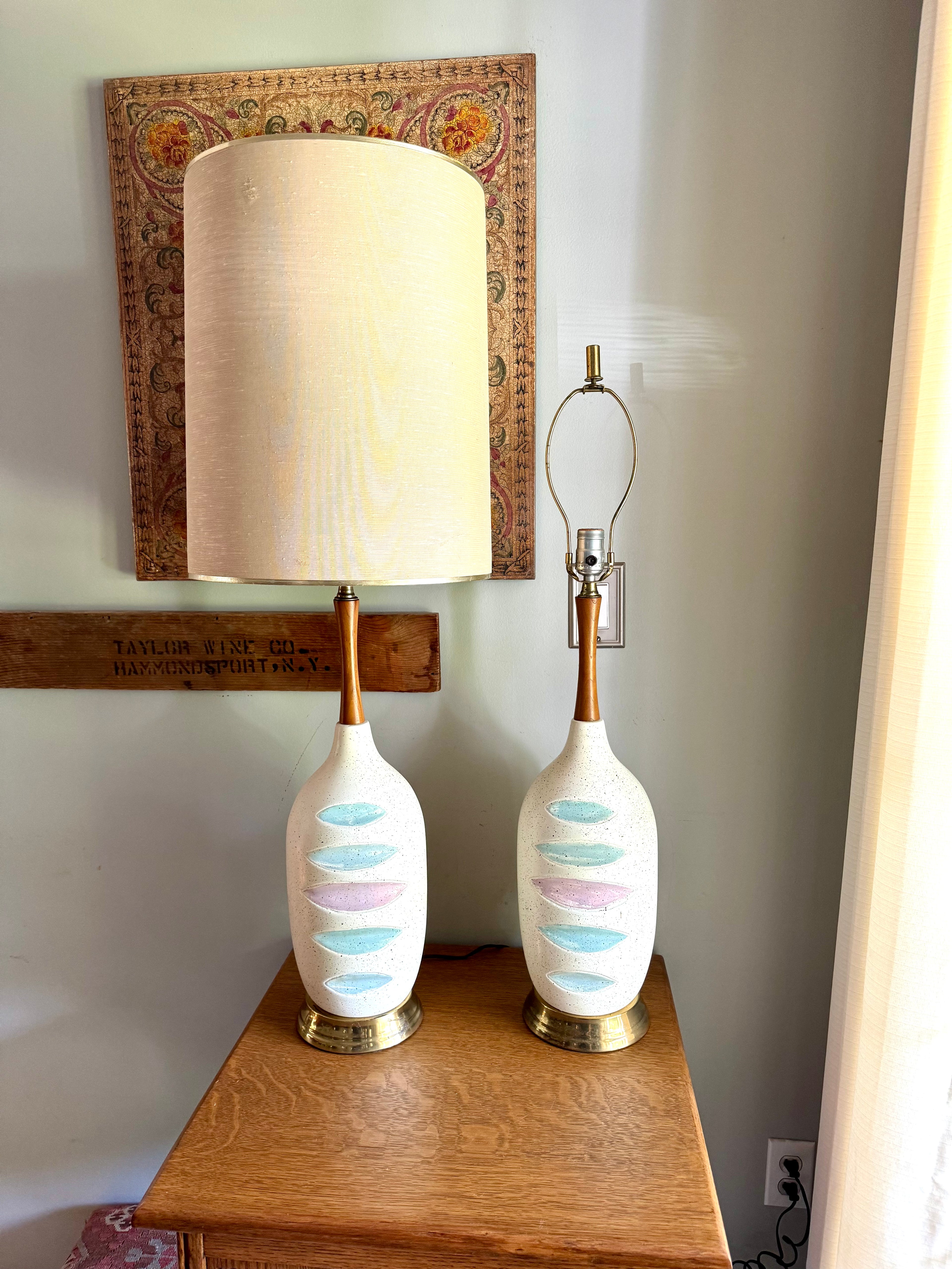 Pair of Mid Century White Ceramic Lamps | Matching MCM Ceramic and Teak Lamps | White Textured Grooved Colorful Ceramic Lamps(Shade Not Inc)
