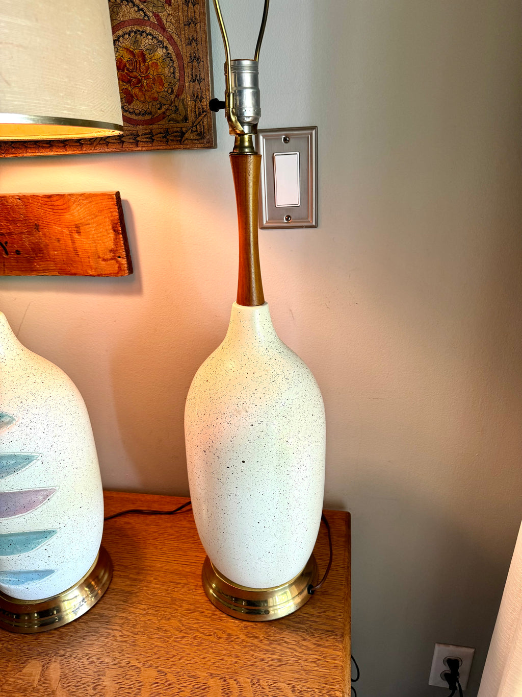 Pair of Mid Century White Ceramic Lamps | Matching MCM Ceramic and Teak Lamps | White Textured Grooved Colorful Ceramic Lamps(Shade Not Inc)