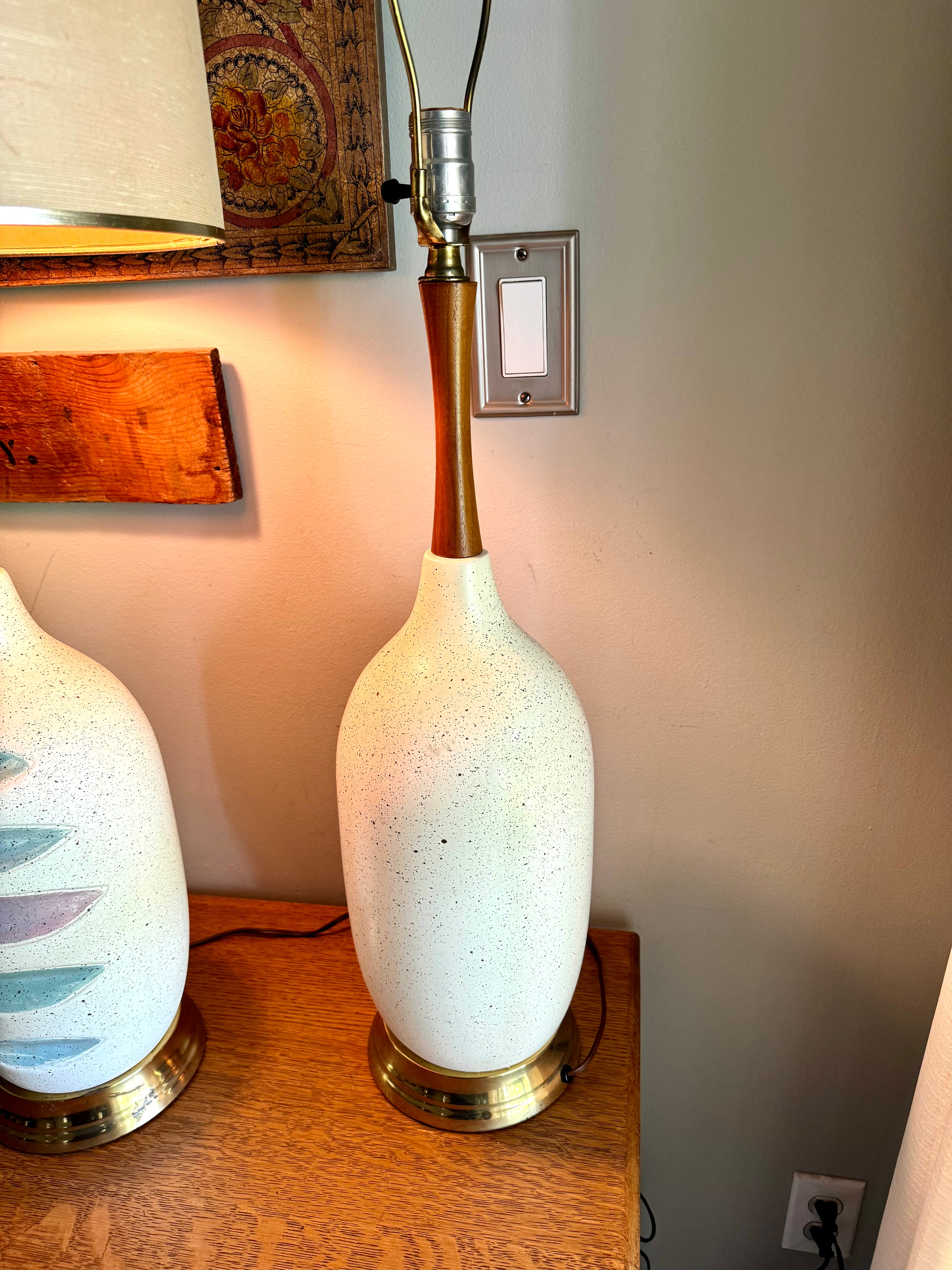 Pair of Mid Century White Ceramic Lamps | Matching MCM Ceramic and Teak Lamps | White Textured Grooved Colorful Ceramic Lamps(Shade Not Inc)
