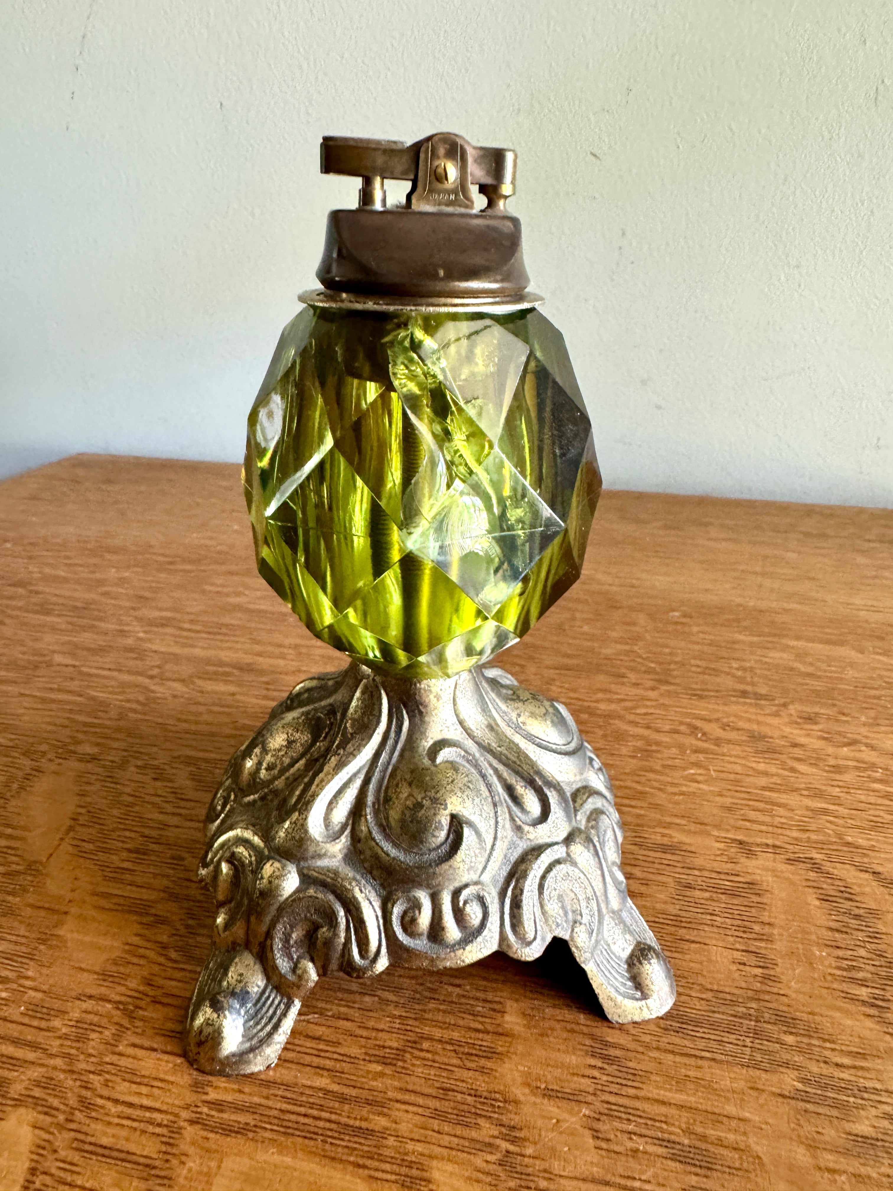 Hollywood Regency-Inspired Brass and Green Crystal Table Lighter ~ Accurate Casting Co. Lighter