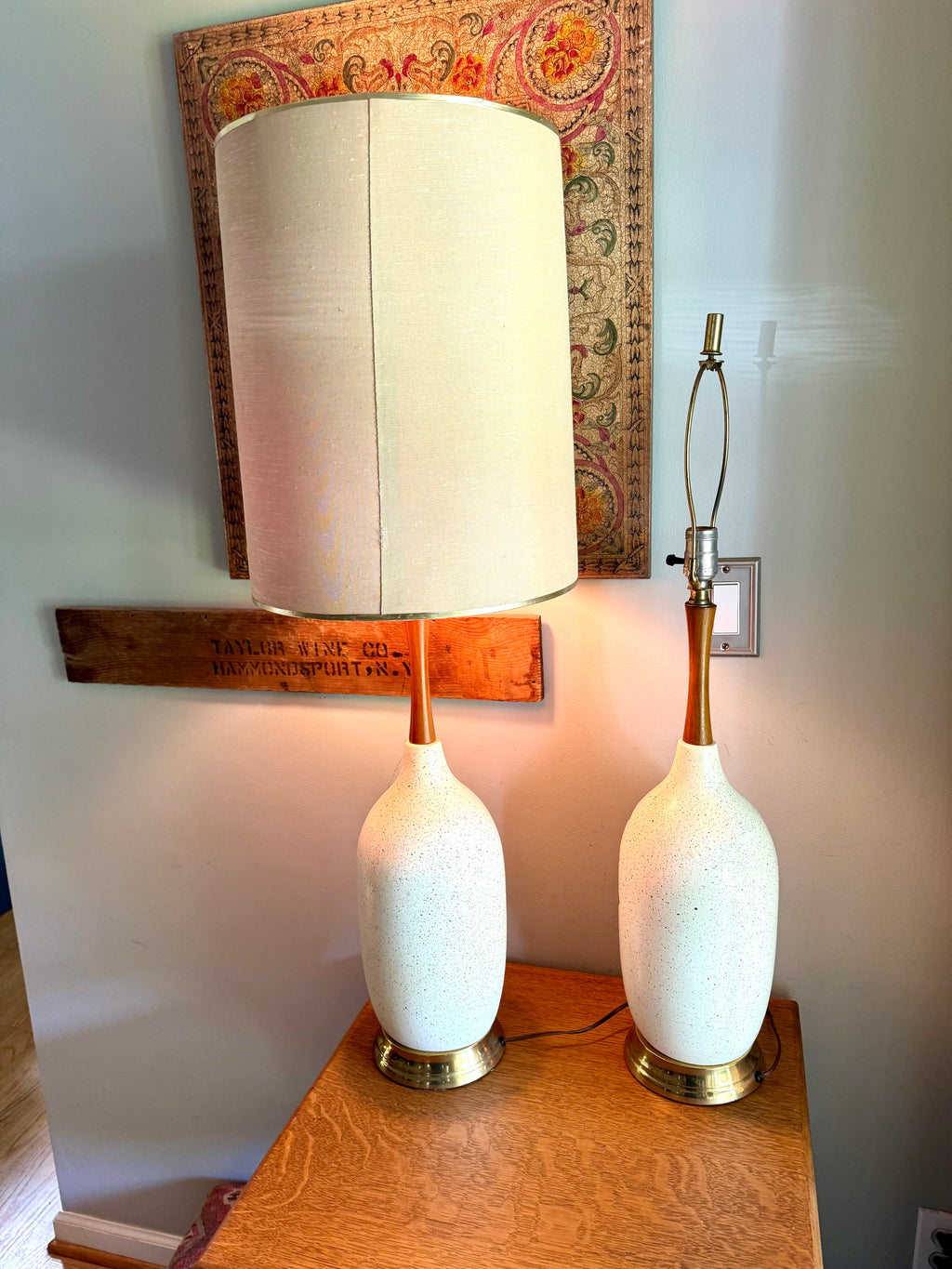 Pair of Mid Century White Ceramic Lamps | Matching MCM Ceramic and Teak Lamps | White Textured Grooved Colorful Ceramic Lamps(Shade Not Inc)