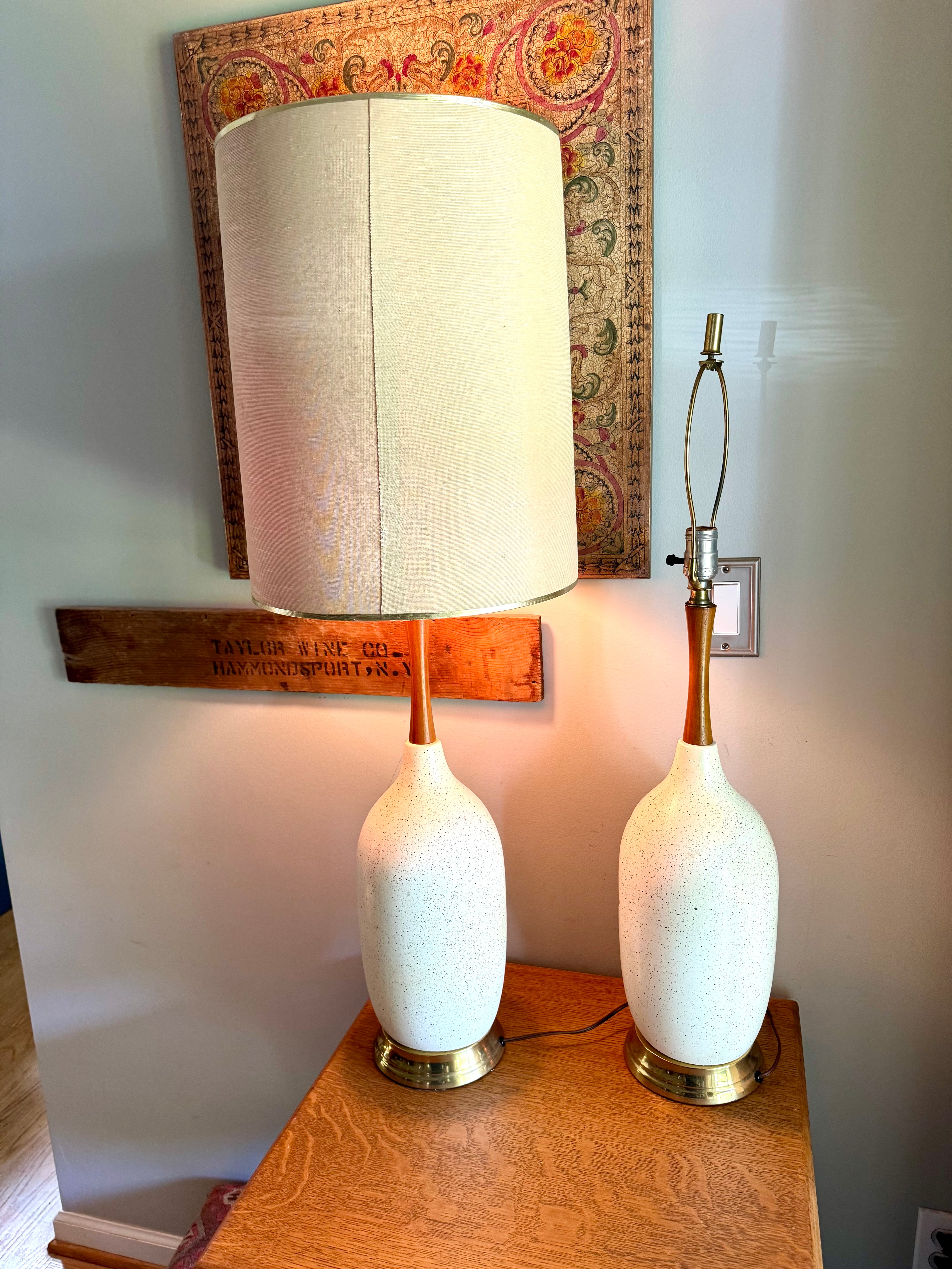 Pair of Mid Century White Ceramic Lamps | Matching MCM Ceramic and Teak Lamps | White Textured Grooved Colorful Ceramic Lamps(Shade Not Inc)