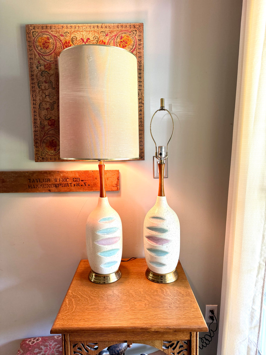 Pair of Mid Century White Ceramic Lamps | Matching MCM Ceramic and Teak Lamps | White Textured Grooved Colorful Ceramic Lamps(Shade Not Inc)