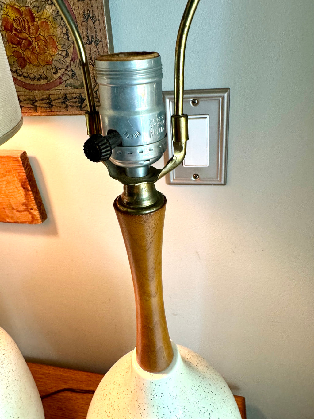 Pair of Mid Century White Ceramic Lamps | Matching MCM Ceramic and Teak Lamps | White Textured Grooved Colorful Ceramic Lamps(Shade Not Inc)