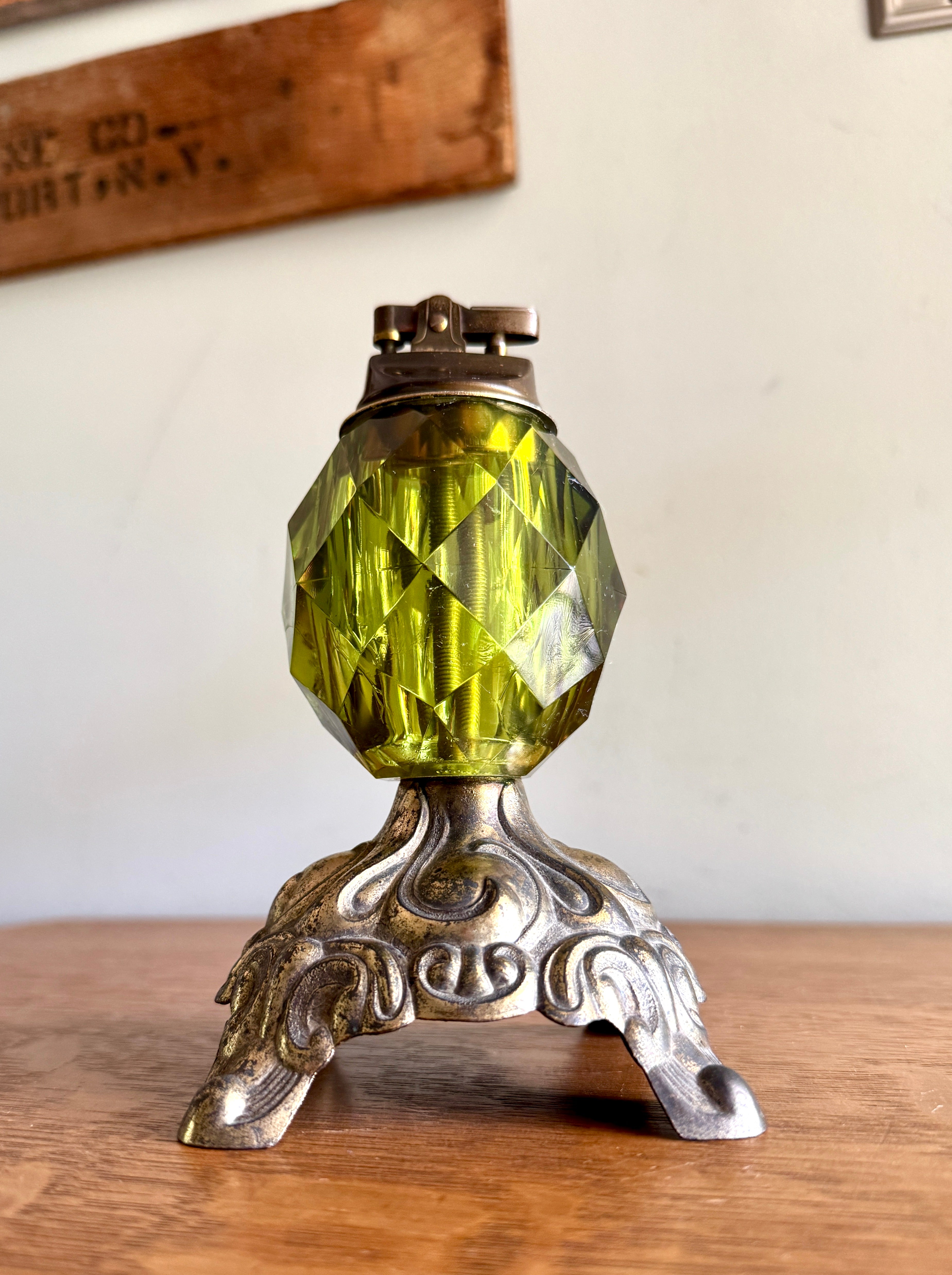 Hollywood Regency-Inspired Brass and Green Crystal Table Lighter ~ Accurate Casting Co. Lighter