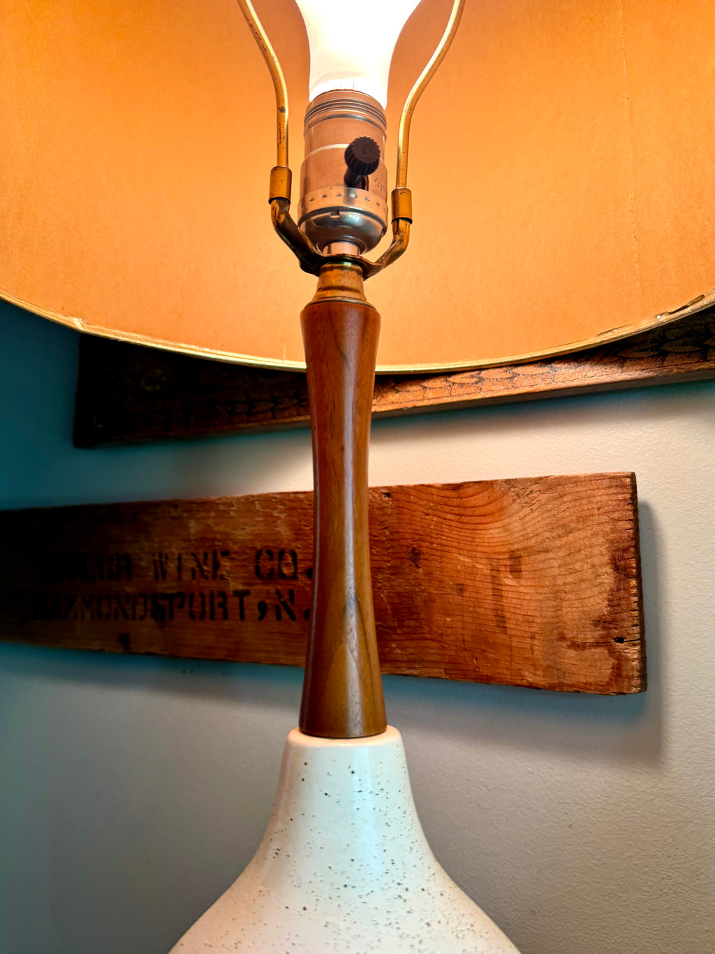 Pair of Mid Century White Ceramic Lamps | Matching MCM Ceramic and Teak Lamps | White Textured Grooved Colorful Ceramic Lamps(Shade Not Inc)