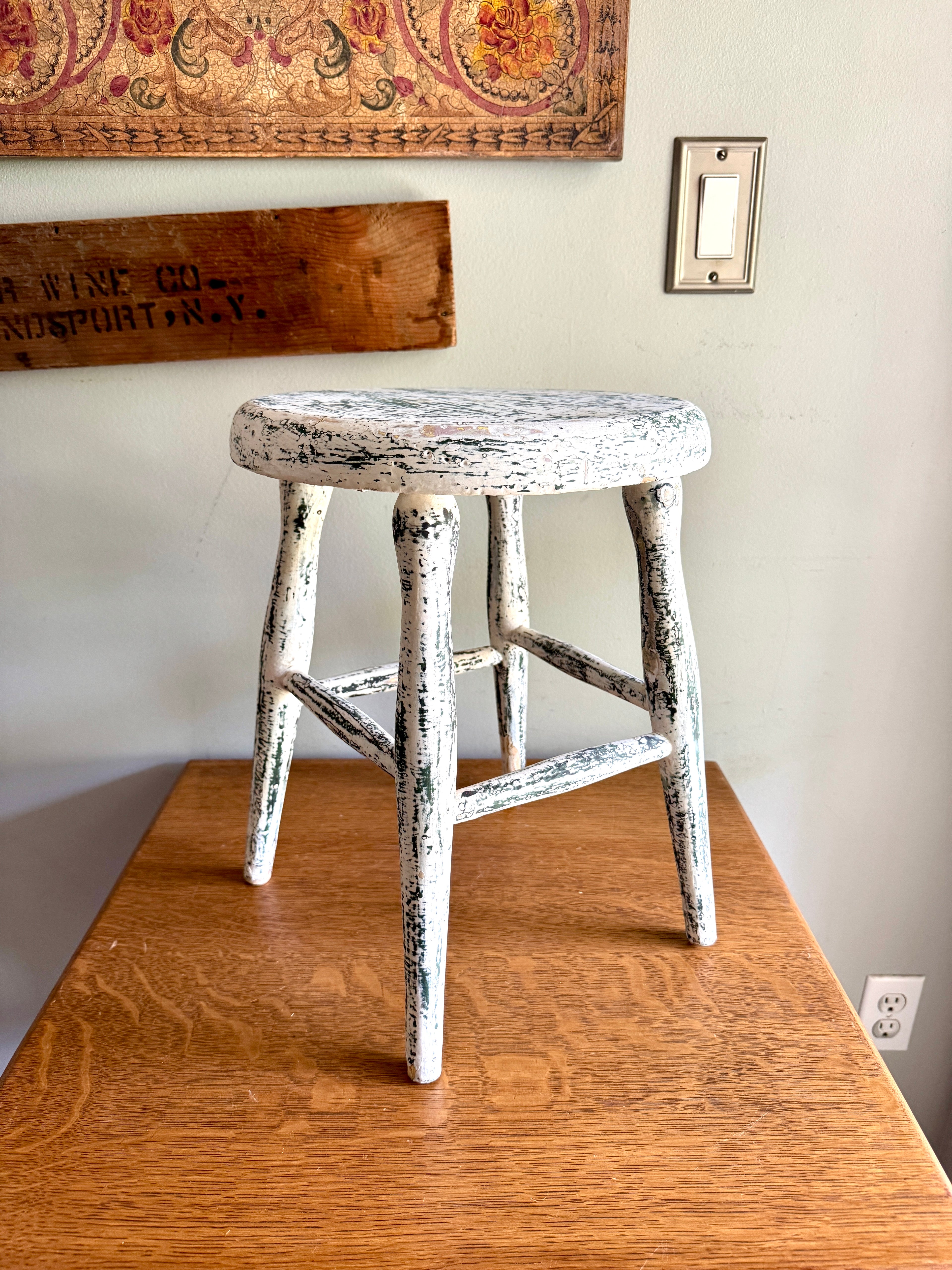 Antique Early American Farmhouse Painted Low Stool ~ Distressed White Finished Wood Stool