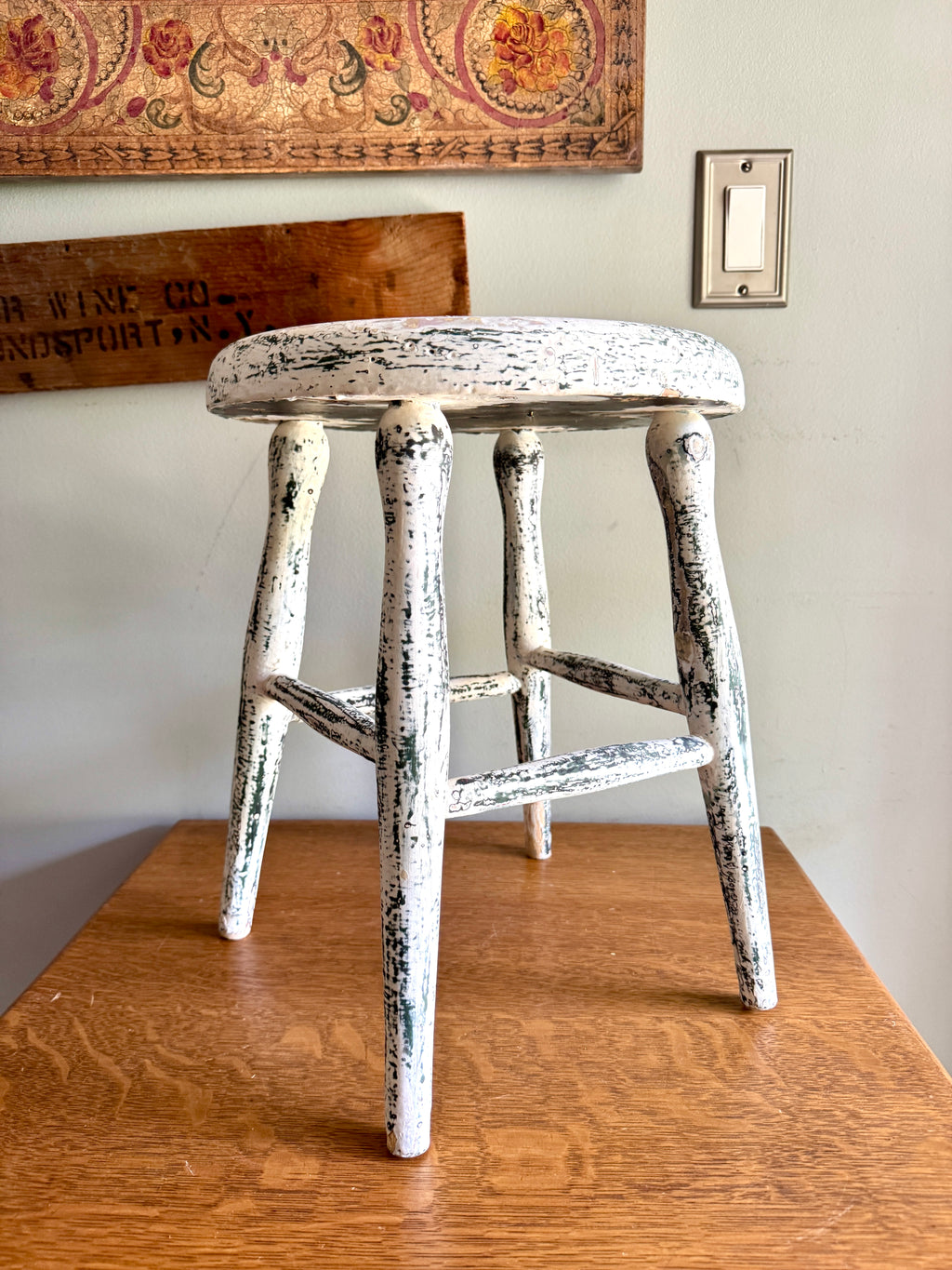 Antique Early American Farmhouse Painted Low Stool ~ Distressed White Finished Wood Stool