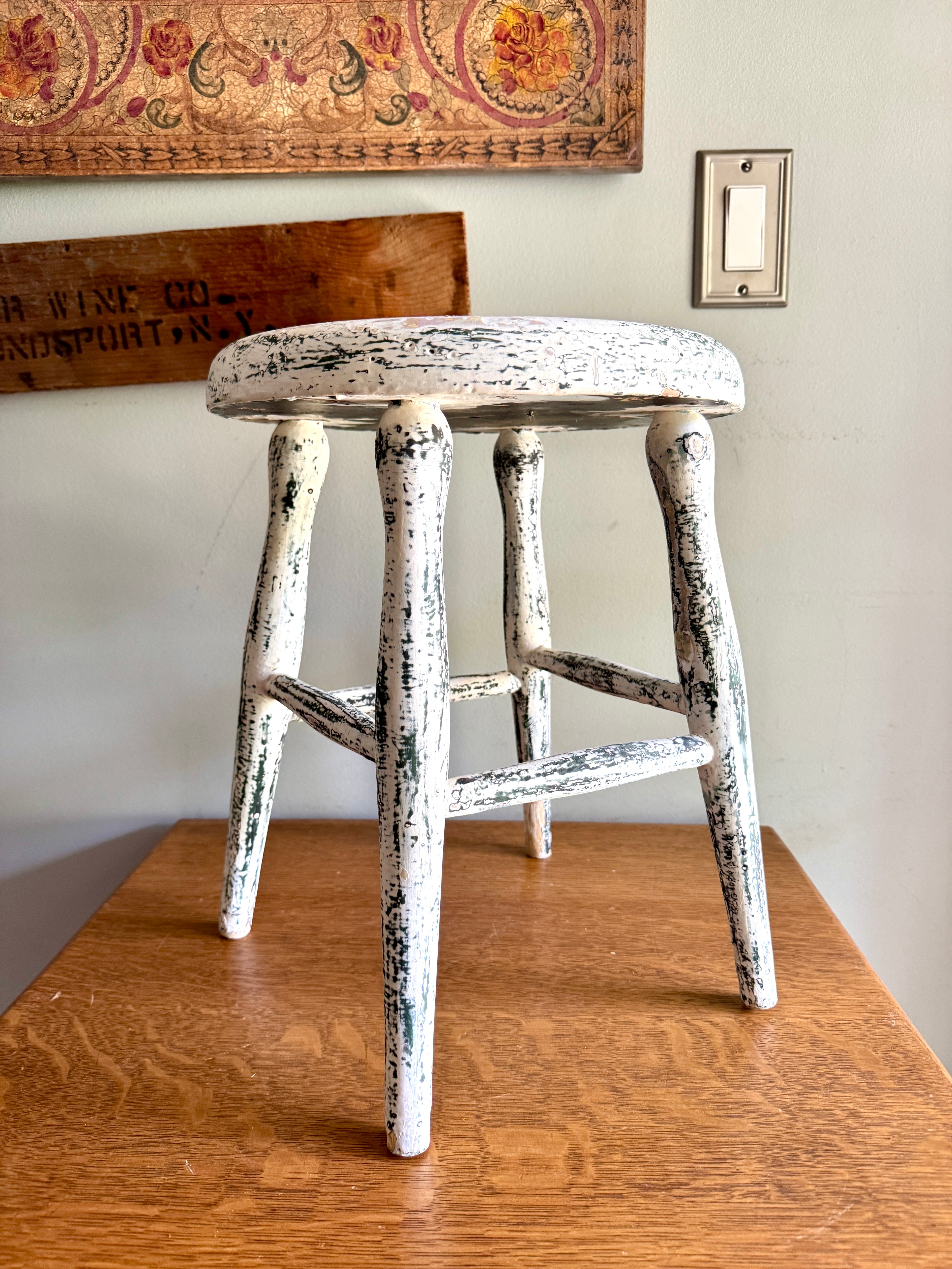 Antique Early American Farmhouse Painted Low Stool ~ Distressed White Finished Wood Stool