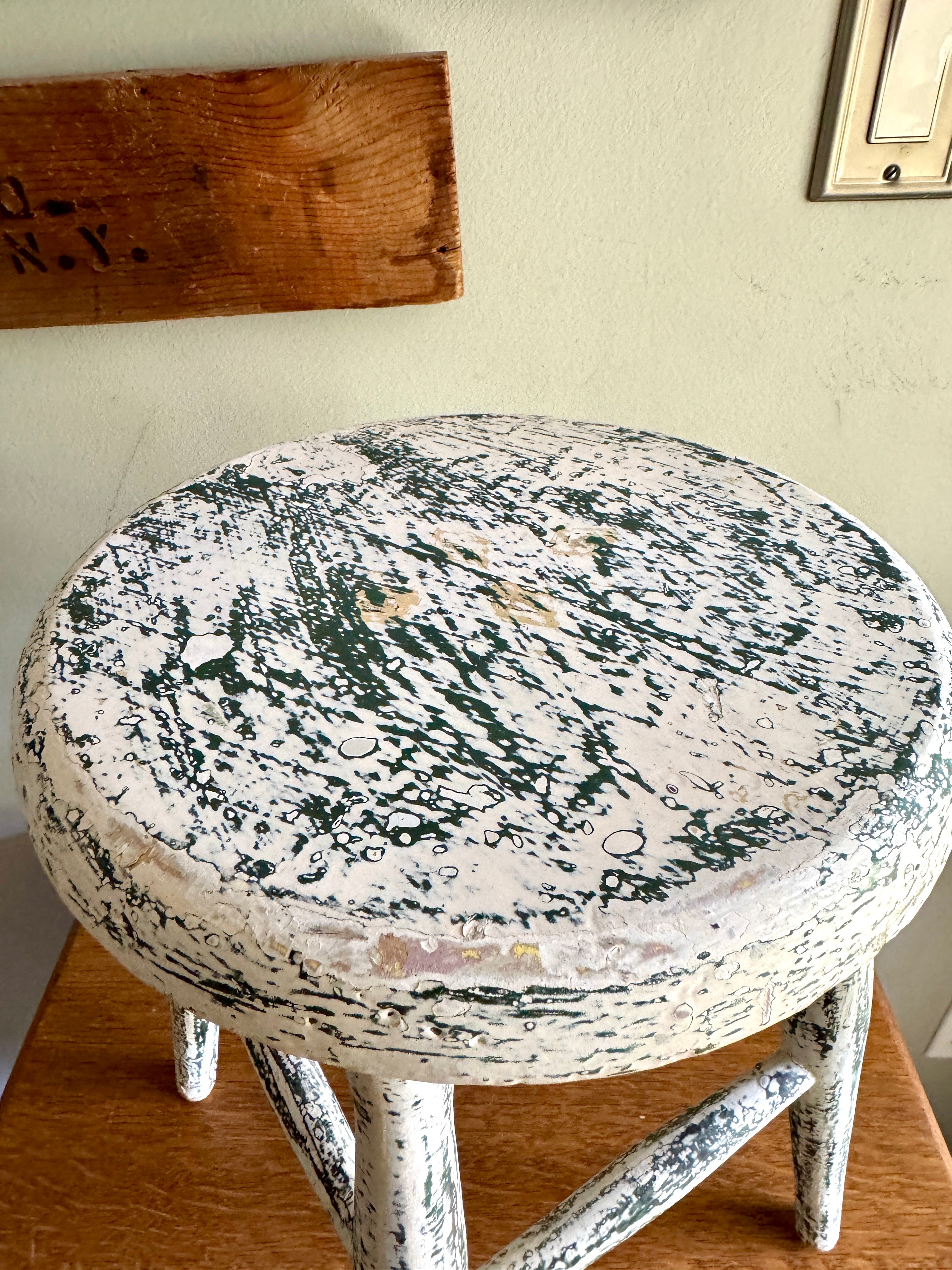 Antique Early American Farmhouse Painted Low Stool ~ Distressed White Finished Wood Stool
