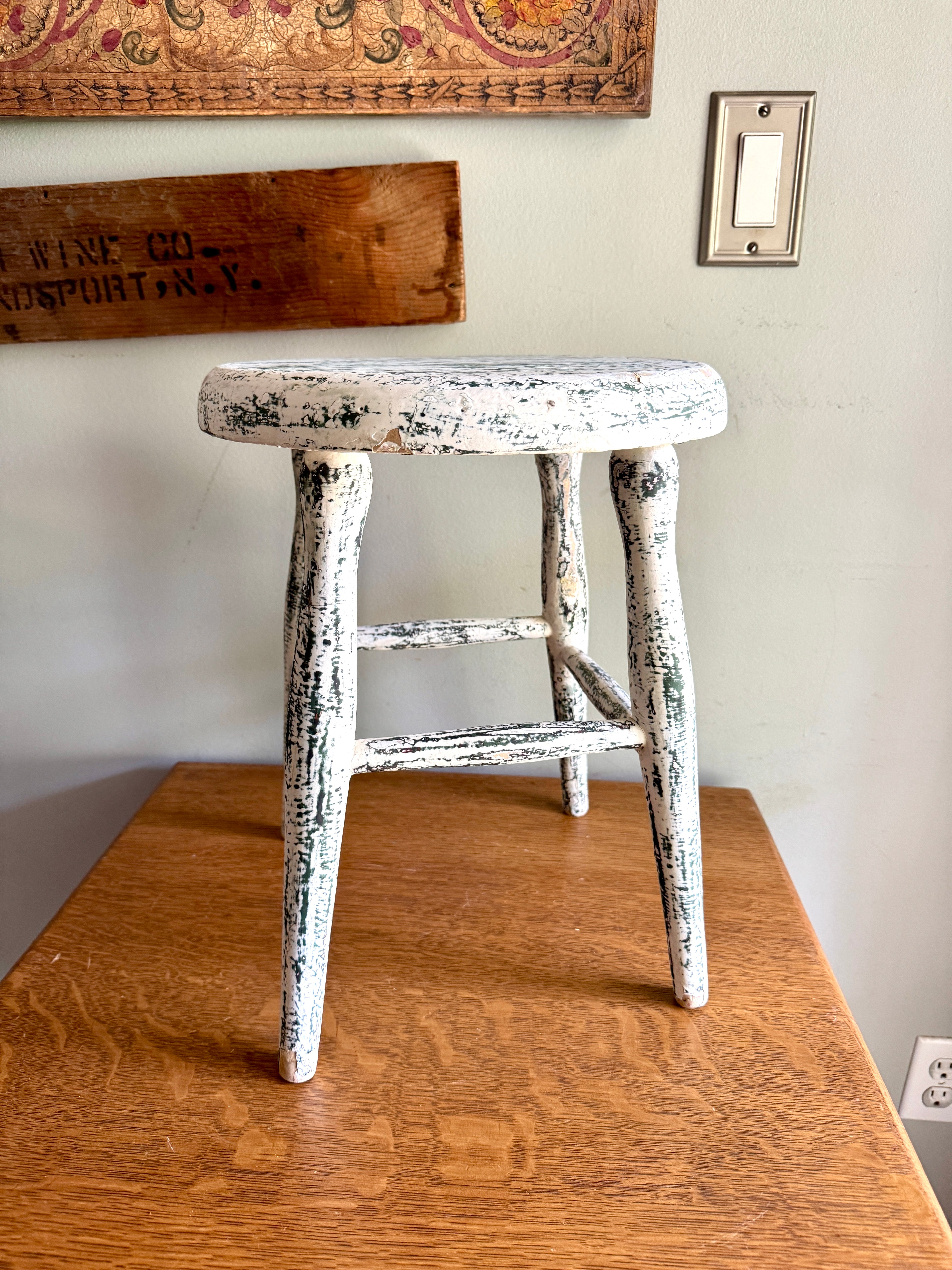Antique Early American Farmhouse Painted Low Stool ~ Distressed White Finished Wood Stool