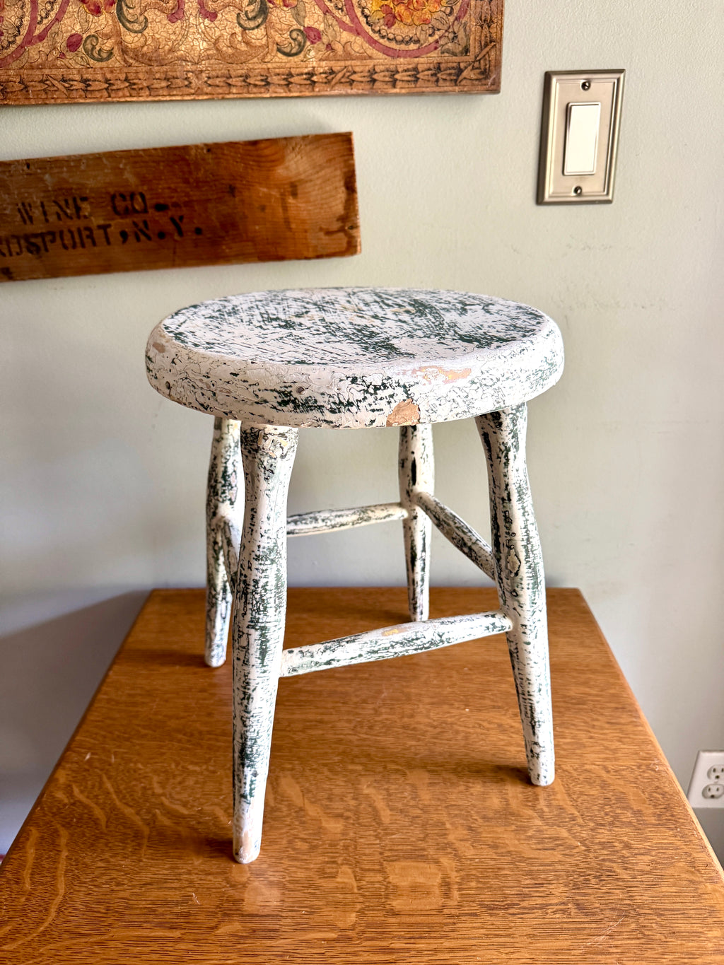 Antique Early American Farmhouse Painted Low Stool ~ Distressed White Finished Wood Stool