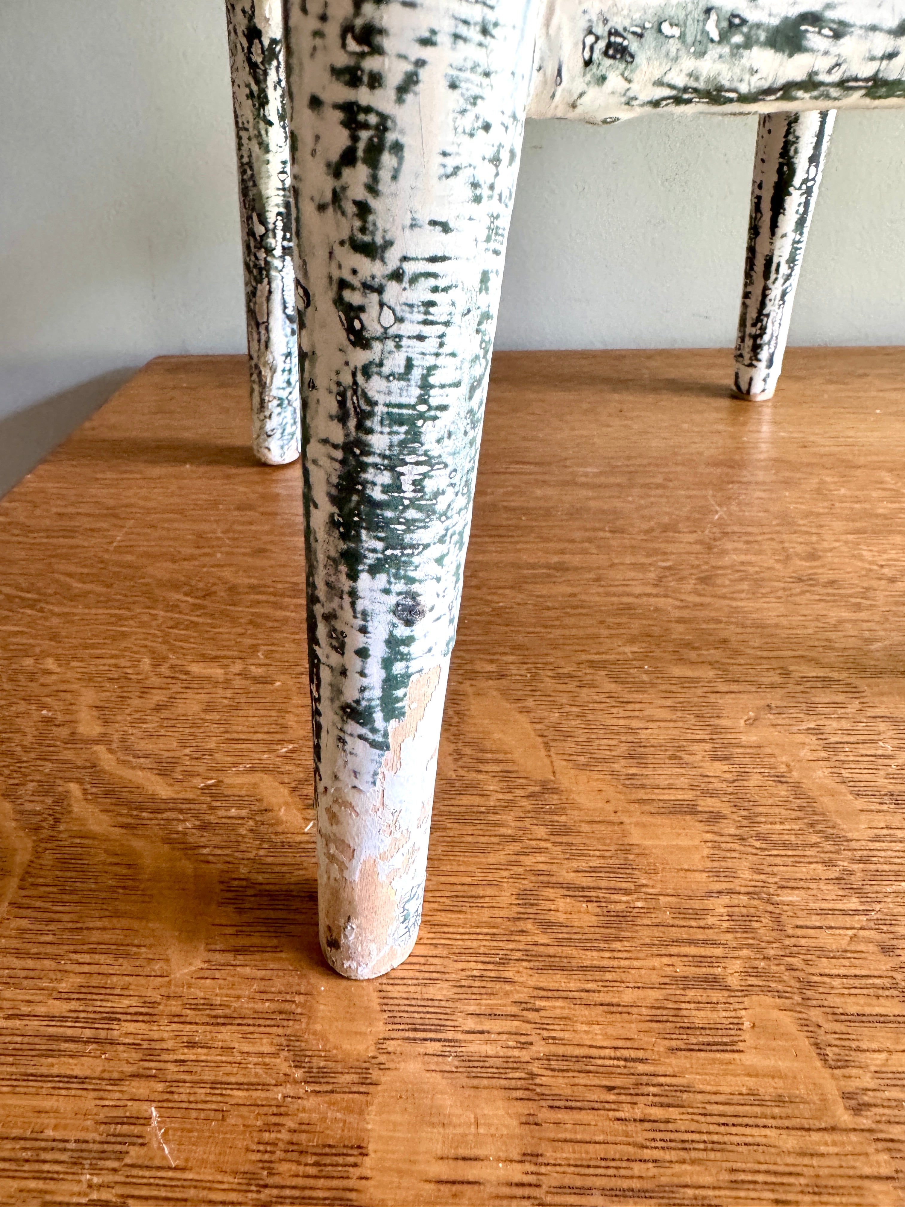 Antique Early American Farmhouse Painted Low Stool ~ Distressed White Finished Wood Stool