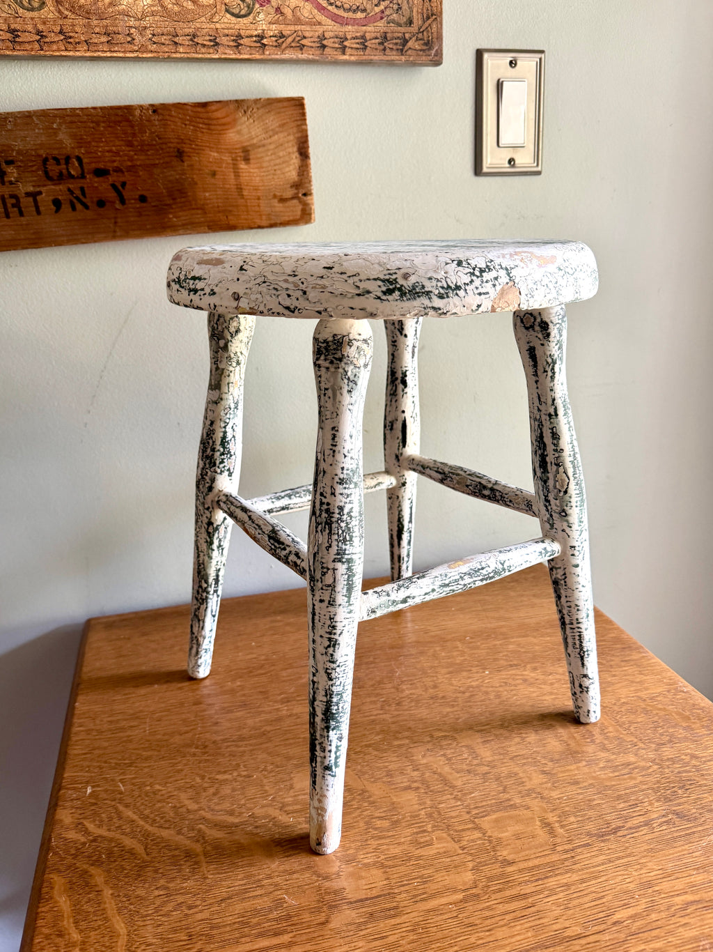 Antique Early American Farmhouse Painted Low Stool ~ Distressed White Finished Wood Stool