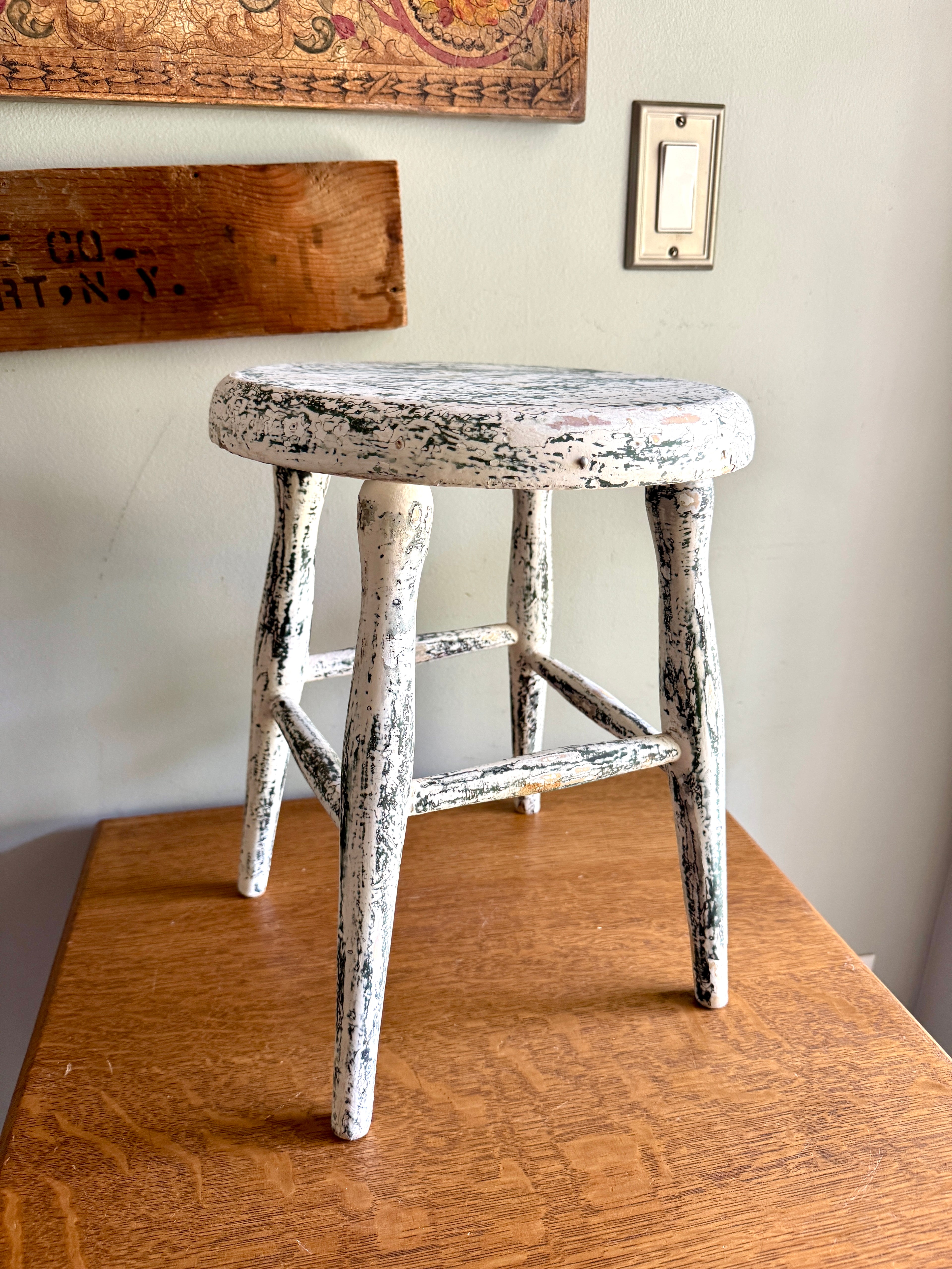 Antique Early American Farmhouse Painted Low Stool ~ Distressed White Finished Wood Stool
