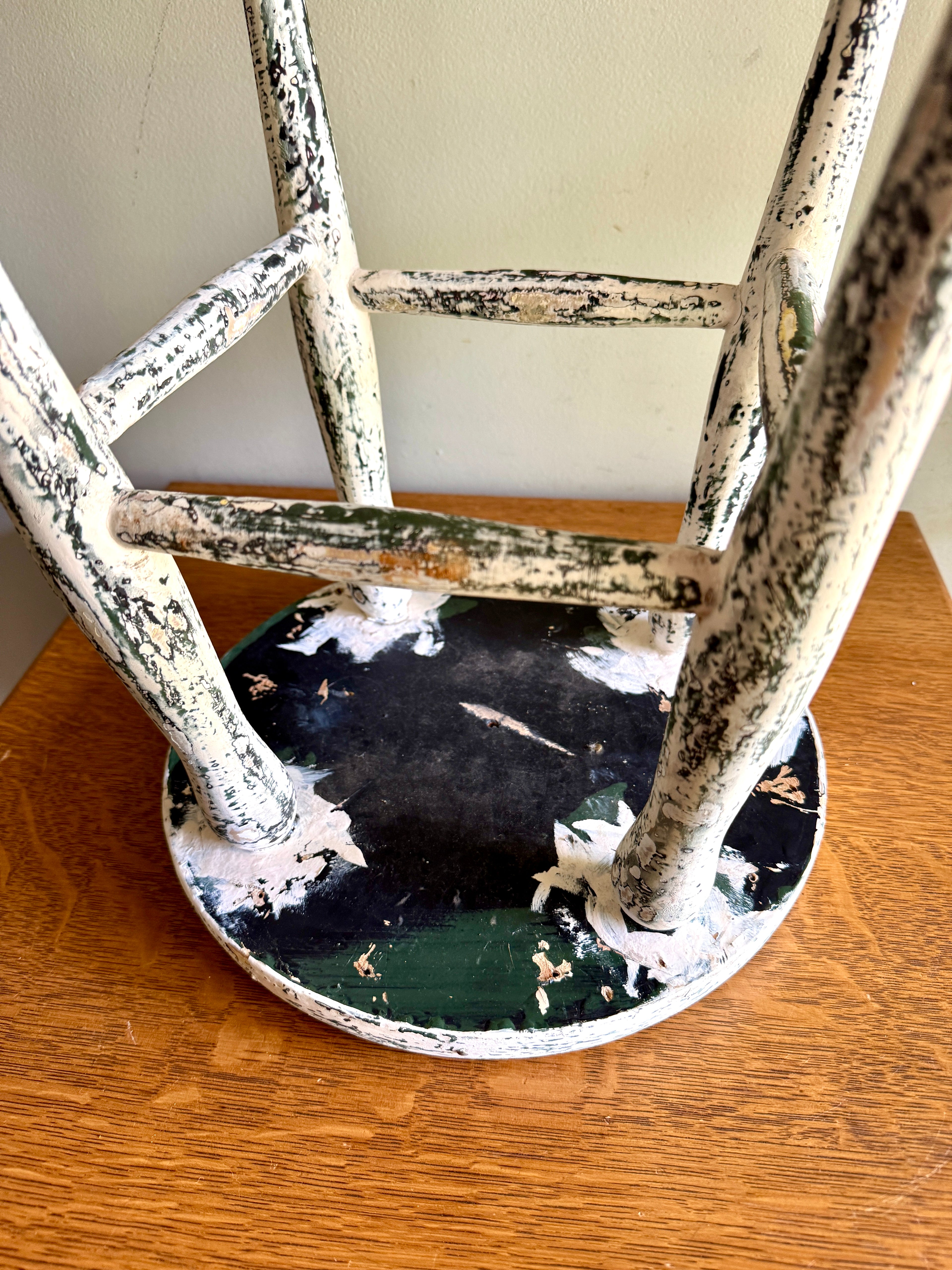 Antique Early American Farmhouse Painted Low Stool ~ Distressed White Finished Wood Stool