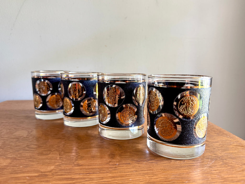 Set of 4 Libbey Gold Coin Rocks Glass ~ 22k Gold Faux Coin Old Fashion Glasses