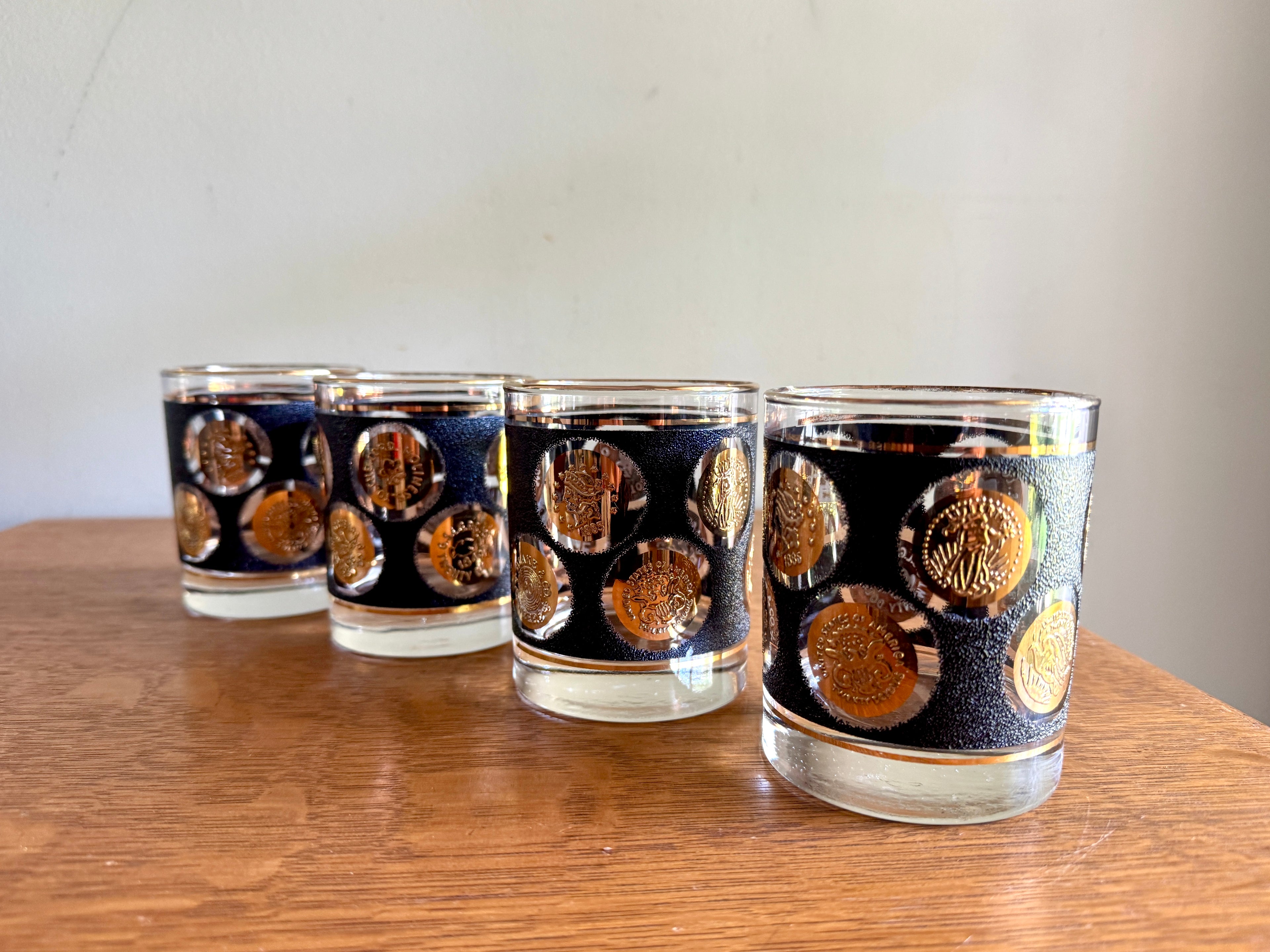 Set of 4 Libbey Gold Coin Rocks Glass ~ 22k Gold Faux Coin Old Fashion Glasses