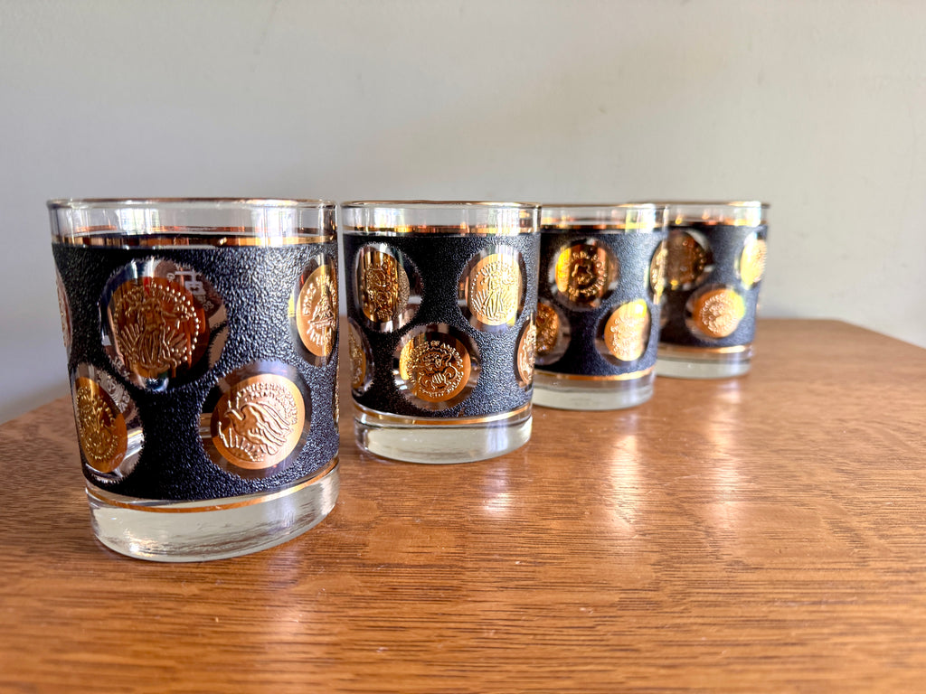 Set of 4 Libbey Gold Coin Rocks Glass ~ 22k Gold Faux Coin Old Fashion Glasses