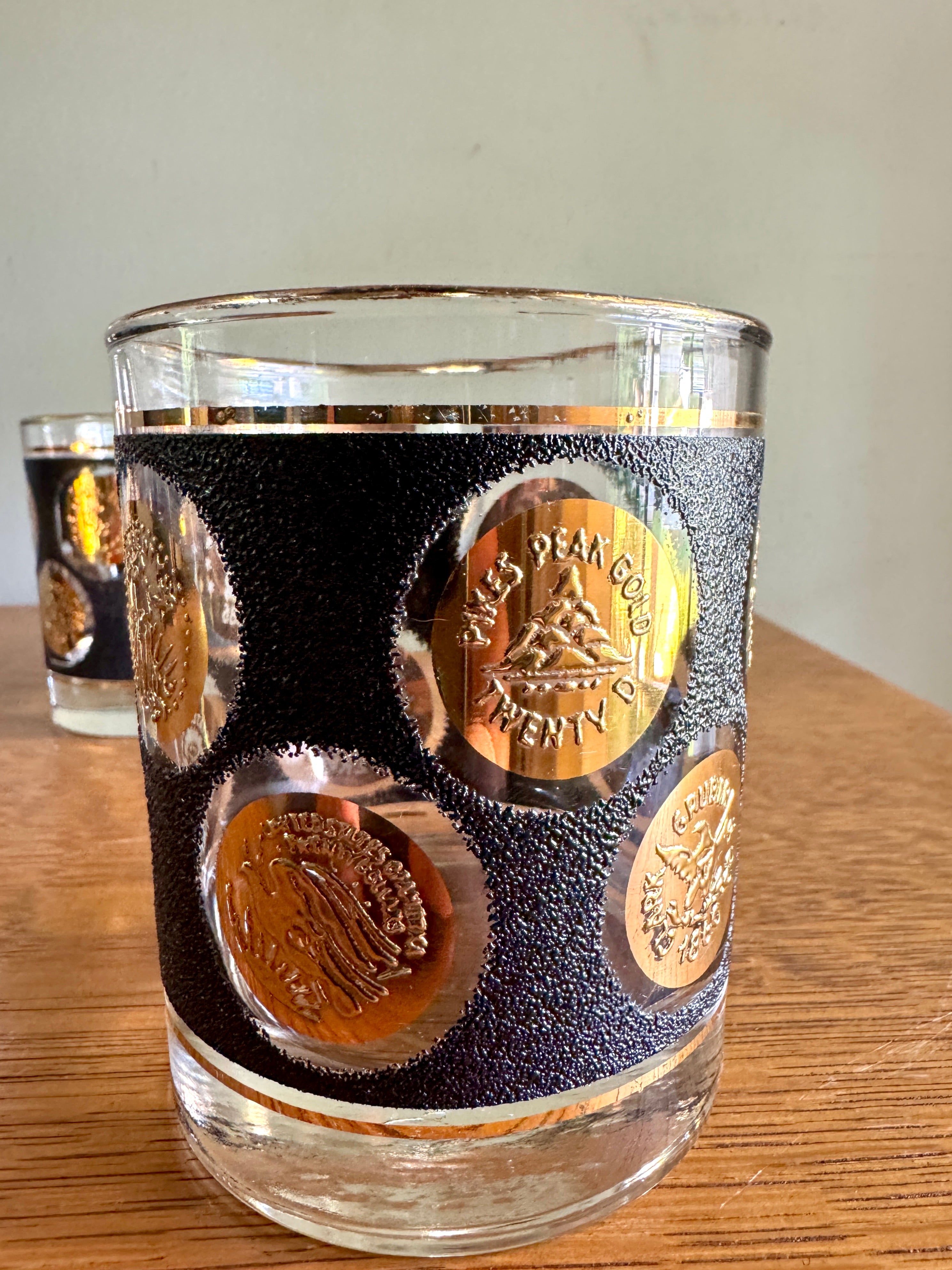 Set of 4 Libbey Gold Coin Rocks Glass ~ 22k Gold Faux Coin Old Fashion Glasses