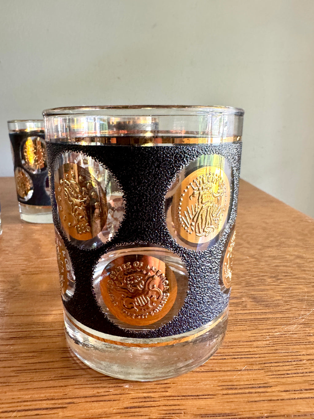 Set of 4 Libbey Gold Coin Rocks Glass ~ 22k Gold Faux Coin Old Fashion Glasses
