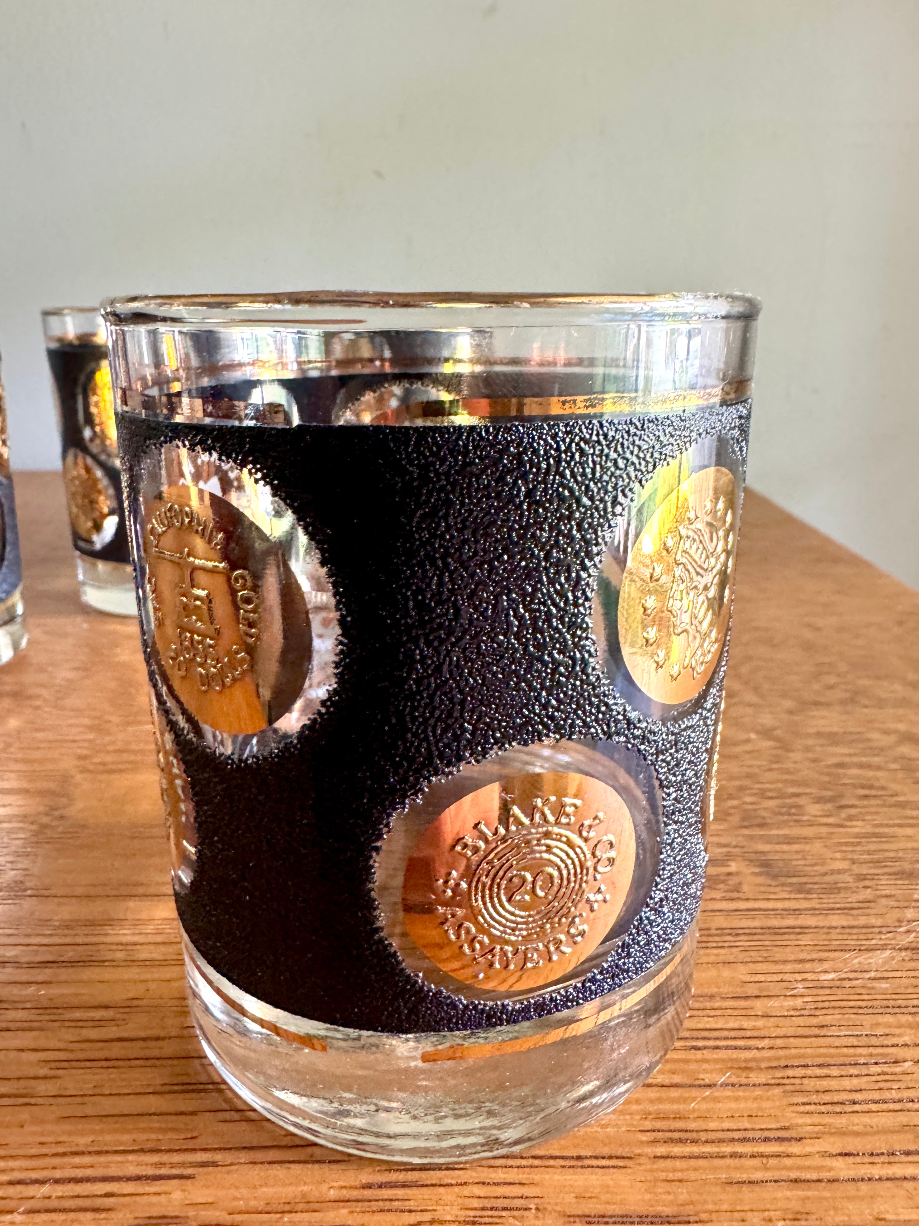 Set of 4 Libbey Gold Coin Rocks Glass ~ 22k Gold Faux Coin Old Fashion Glasses