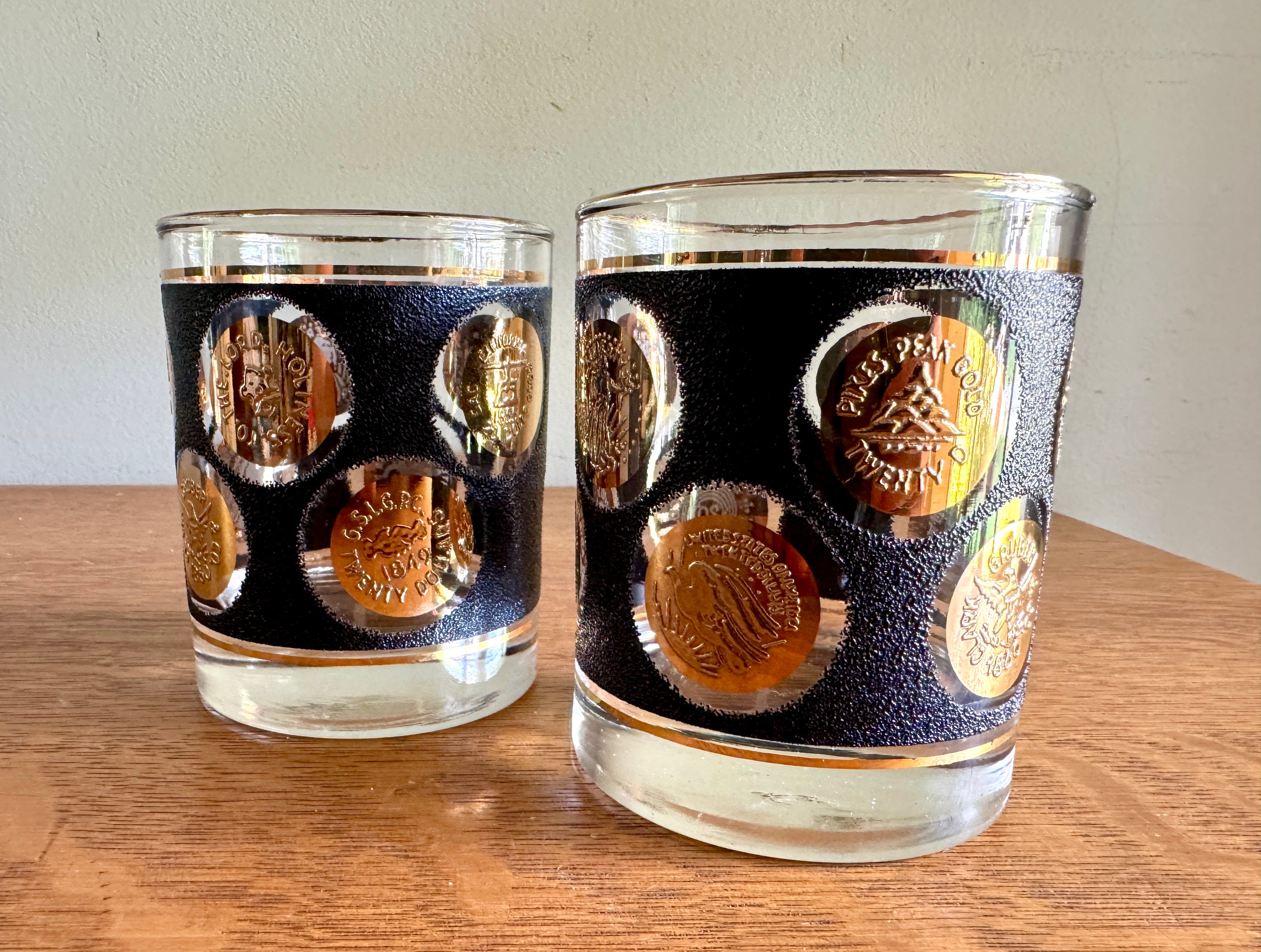 Pair of Libbey Gold Coin Rocks Glass ~ 22k Gold Faux Coin Old Fashion Glasses