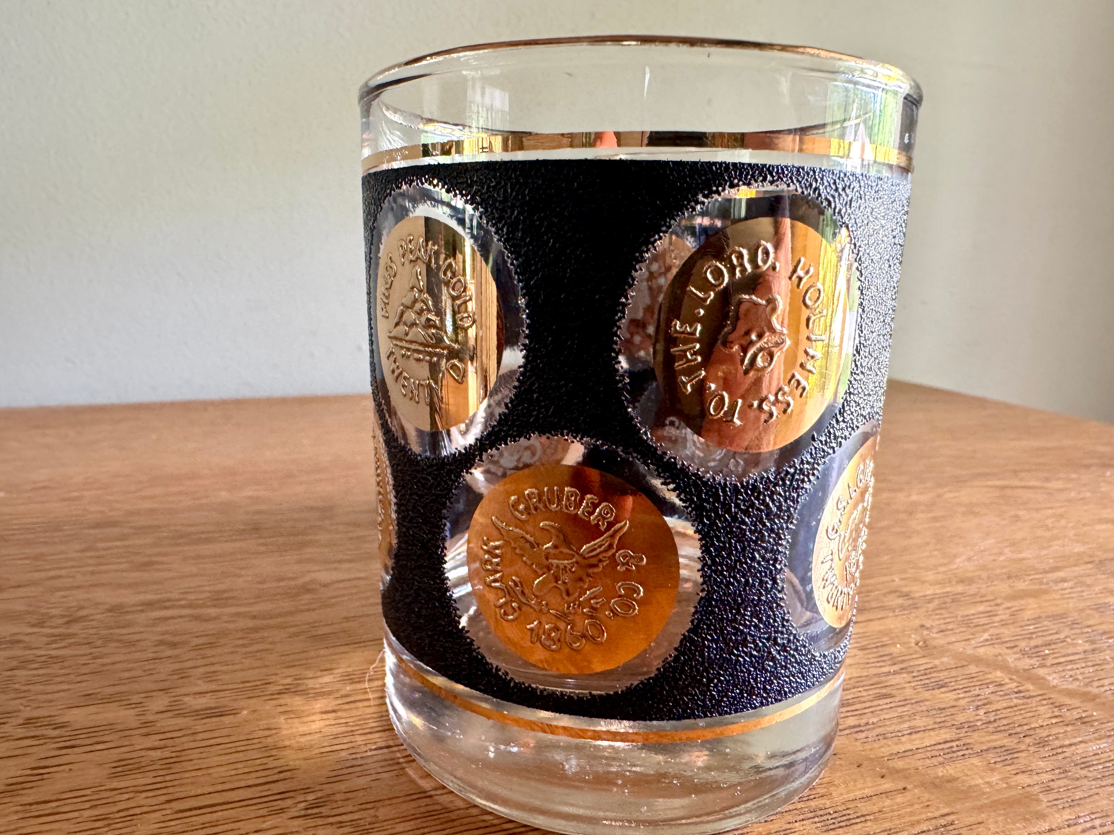 Pair of Libbey Gold Coin Rocks Glass ~ 22k Gold Faux Coin Old Fashion Glasses