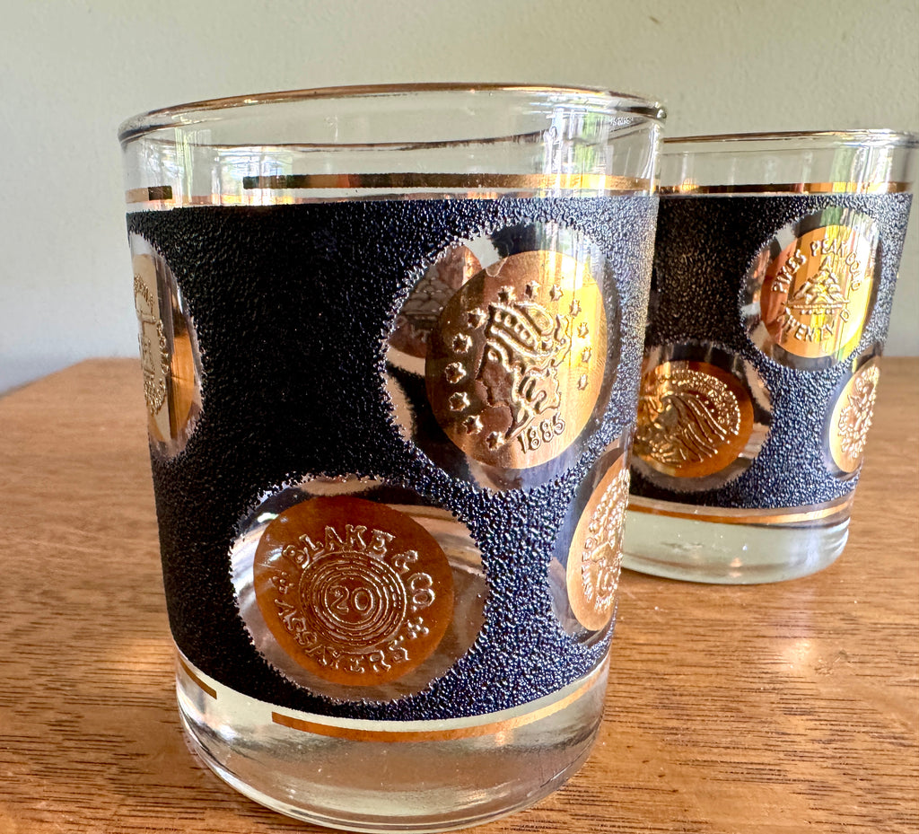 Pair of Libbey Gold Coin Rocks Glass ~ 22k Gold Faux Coin Old Fashion Glasses