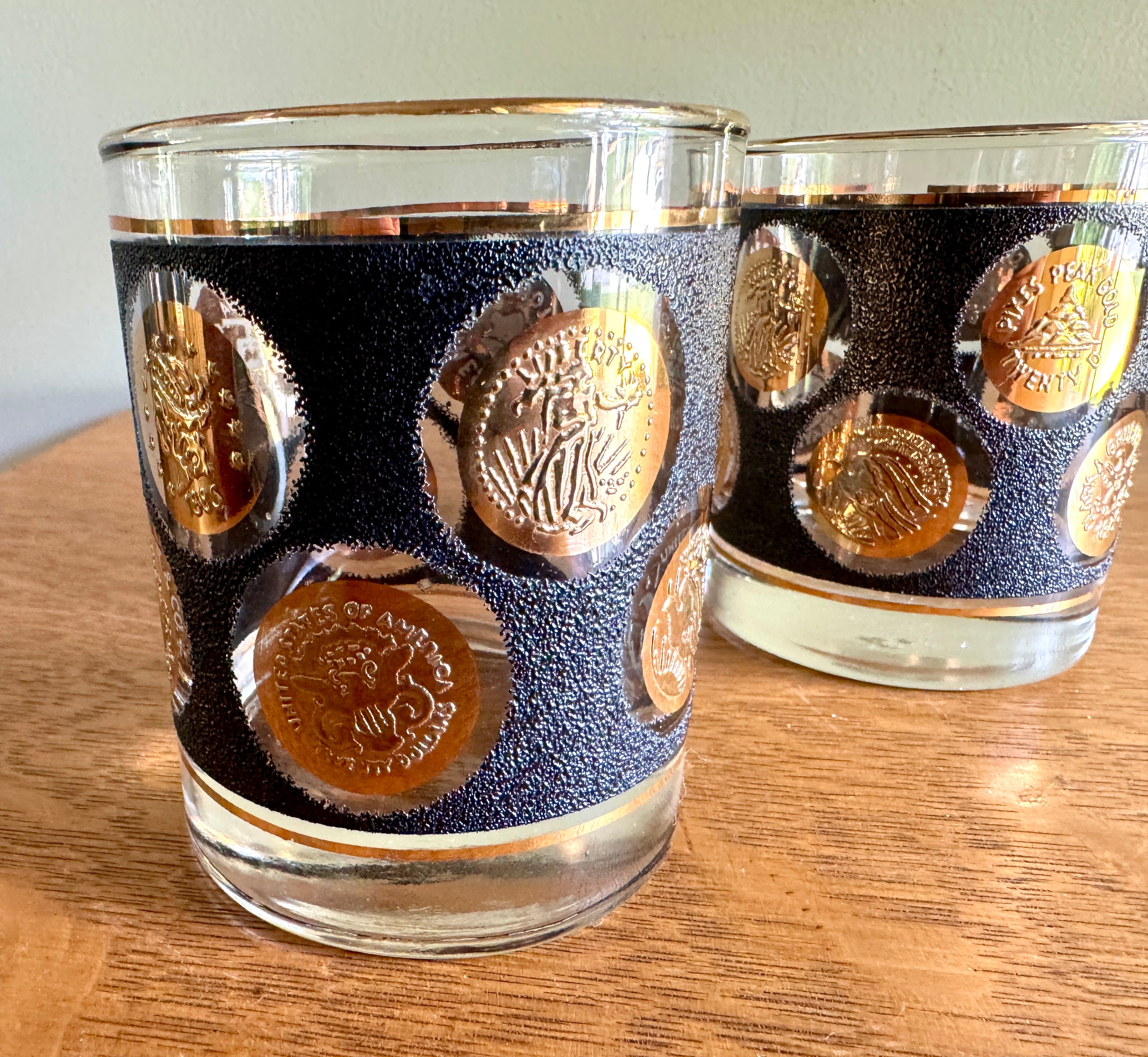 Pair of Libbey Gold Coin Rocks Glass ~ 22k Gold Faux Coin Old Fashion Glasses