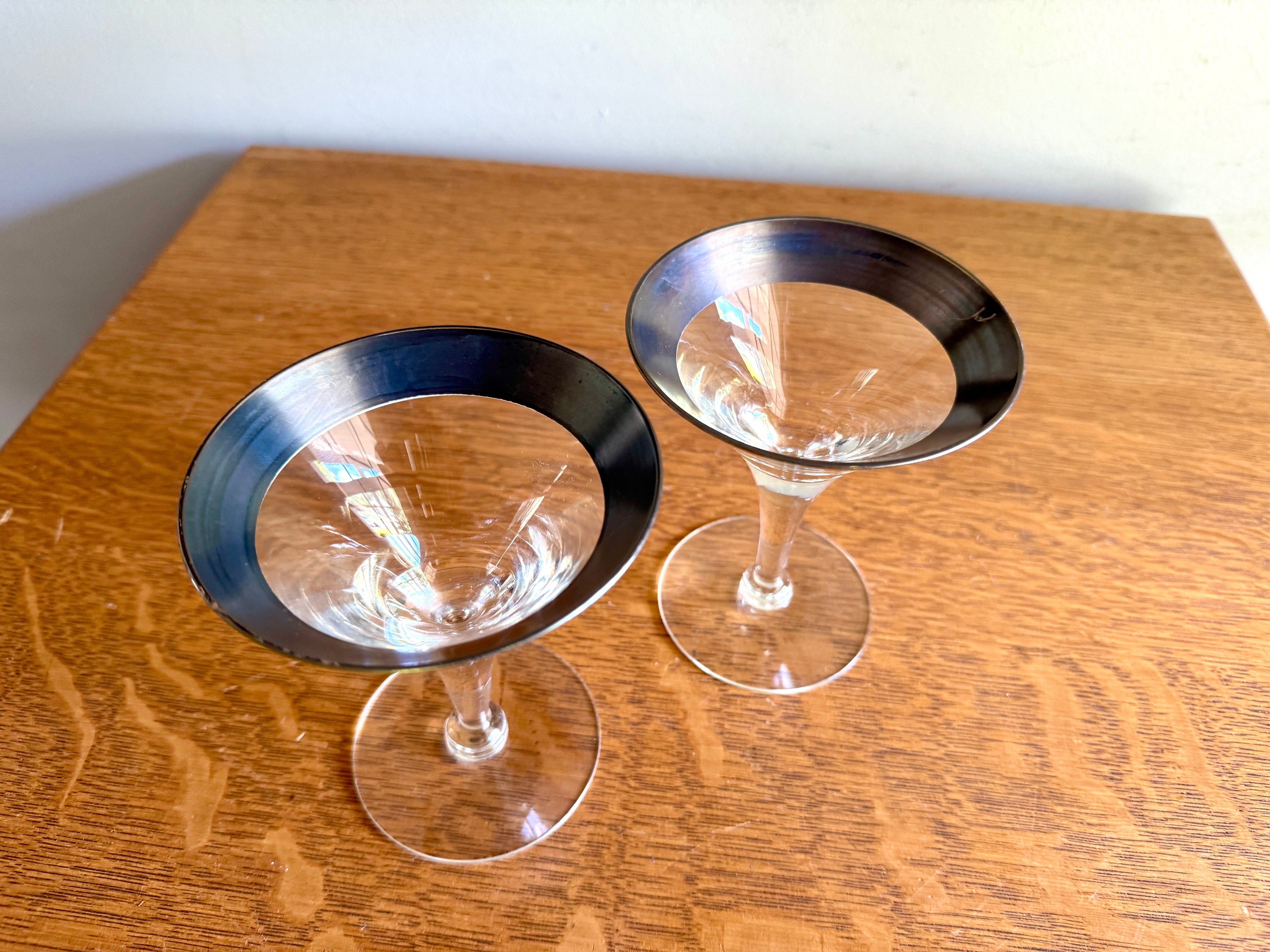 Vtg Pair of Silver Band Champagne/Tall Sherbet by Dorothy Thorpe ~ MCM Dorothy Thorpe Martini Glasses
