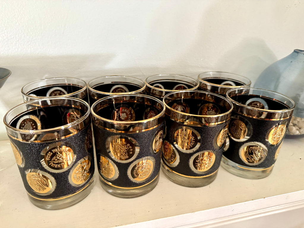 Set of 4 Libbey Gold Coin Rocks Glass ~ 22k Gold Faux Coin Old Fashion Glasses