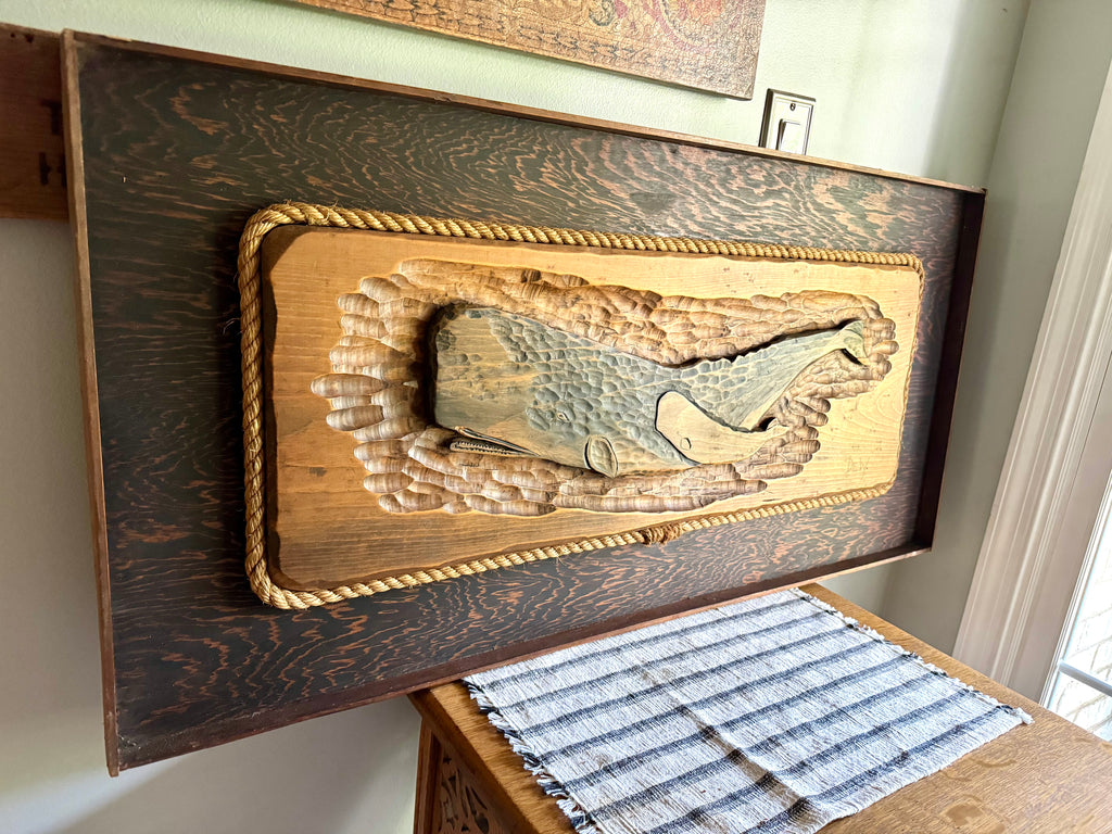 Large Whale Carving 3D Wall Art | Whale And Baby Whale Wood Art | Framed Whale Carving | Beach House Decor | Nautical Decor