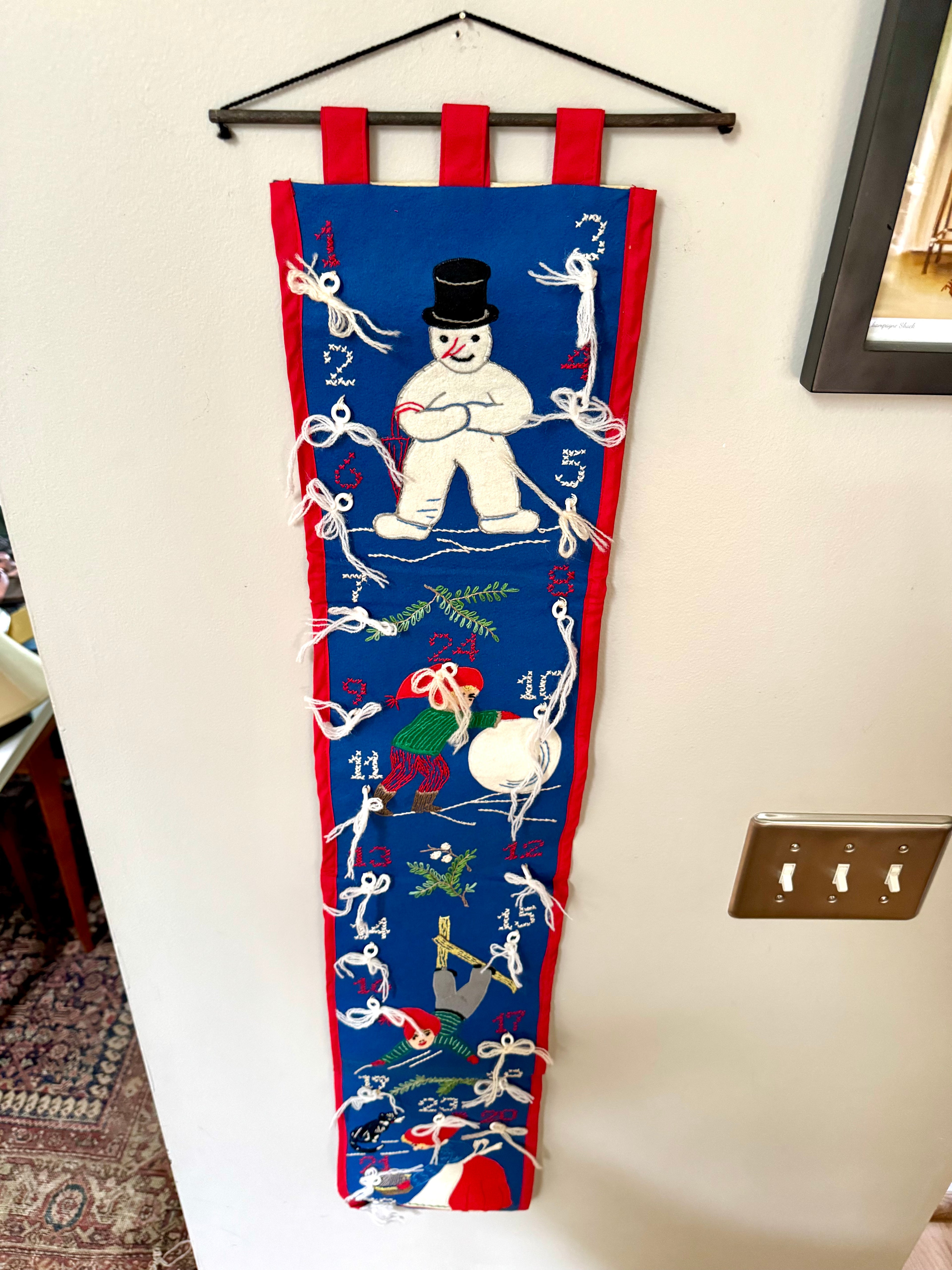 Vintage Danish Embroidered Long Christmas Calendar | Holiday Countdown Embroidered Calendar | Christmas Advent Calenda